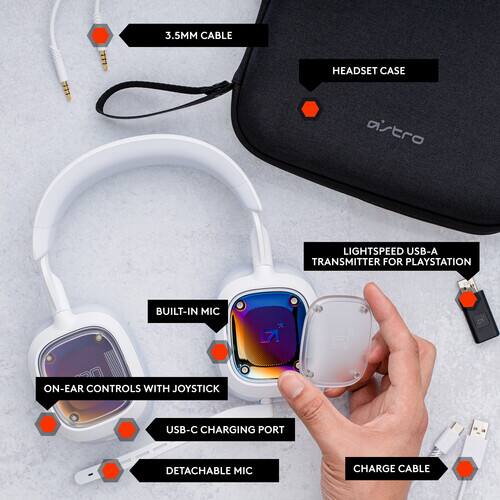 3.5MM CABLE HEADSET CASE LIGHTSPEED USB-A TRANSMITTER FOR PLAYSTATION BUILT-IN MIC ON-EAR CONTROLS WITH JOYSTICK USB-C CHARGING PORT DETACHABLE MIC CHARGE CABLE