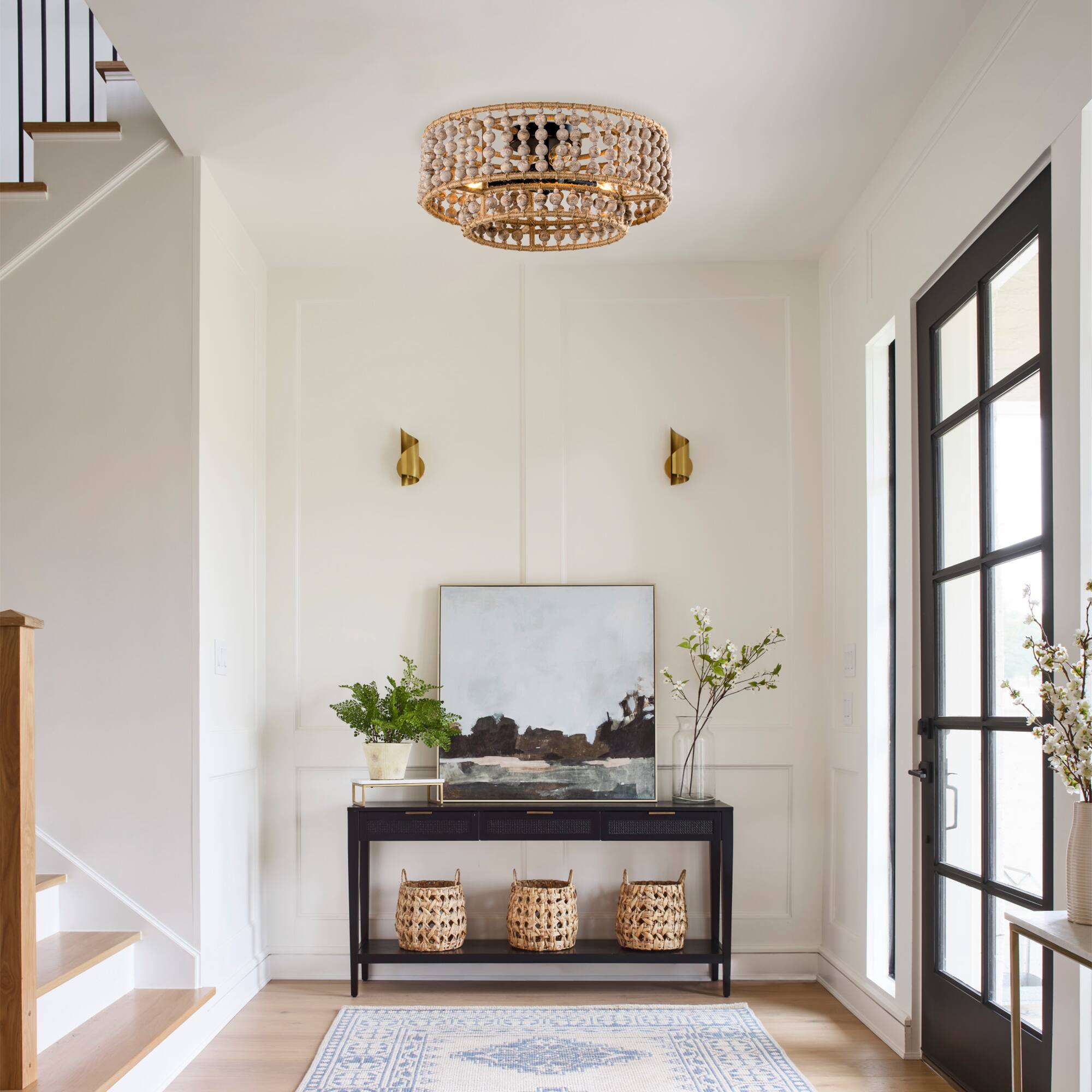 Left. Parrot Uncle - 15.75" Boho 3-Light Drum Wood Beaded Flush Mount Ceiling Light - Wood.