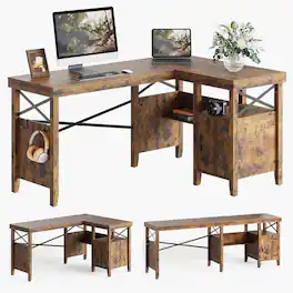 Bestier - Farmhouse L-Shaped Computer Desk with Storage Cabinet and Bookshelf - 60" Wide - Brown
