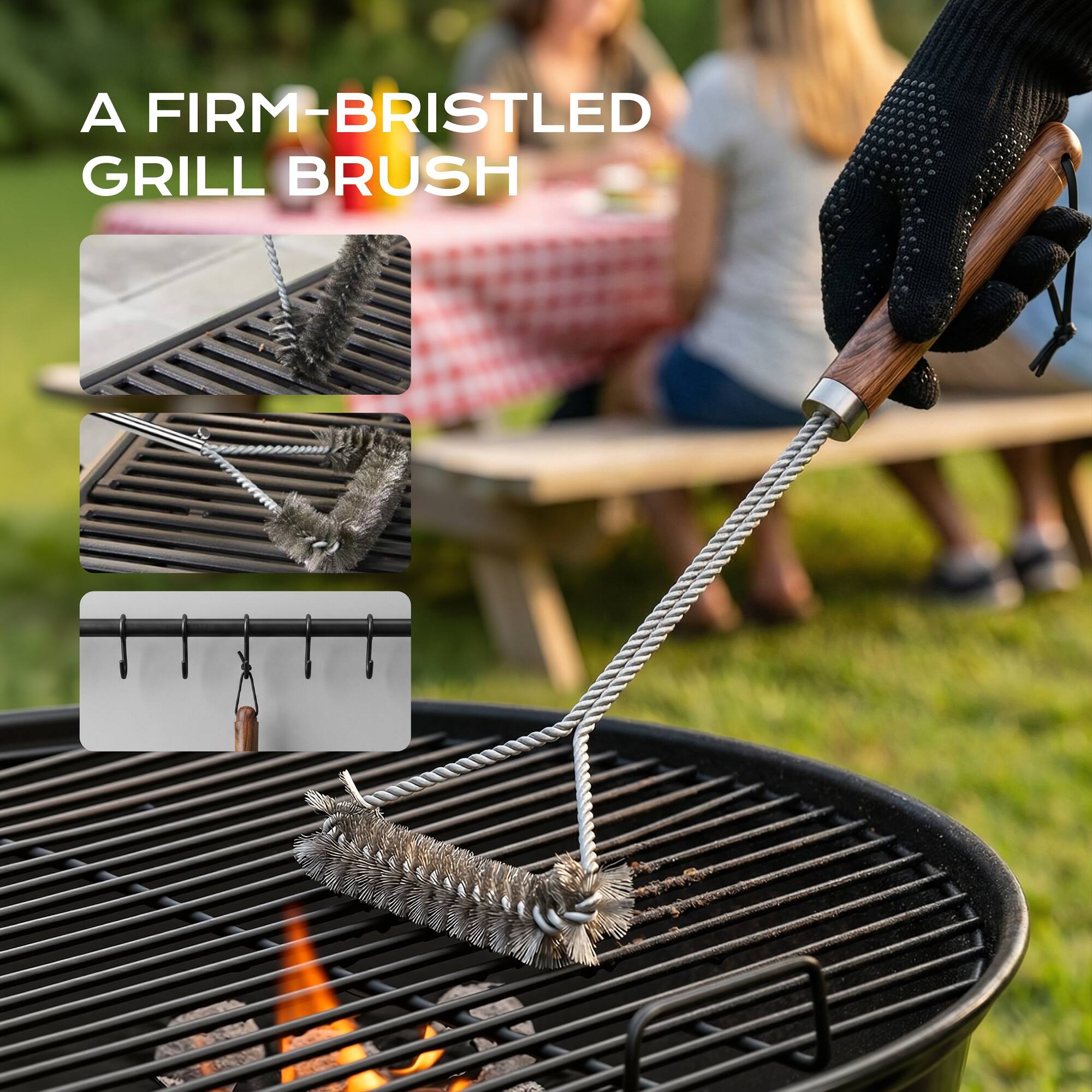 A firm-bristled grill brush