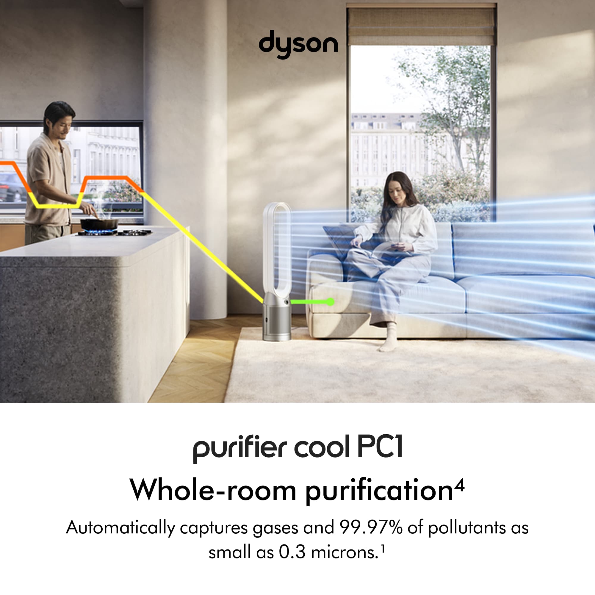 The text on the image reads: "dyson purifier cool PC1 Whole-room purification. Automatically captures gases and 99.97% of pollutants as small as 0.3 microns."