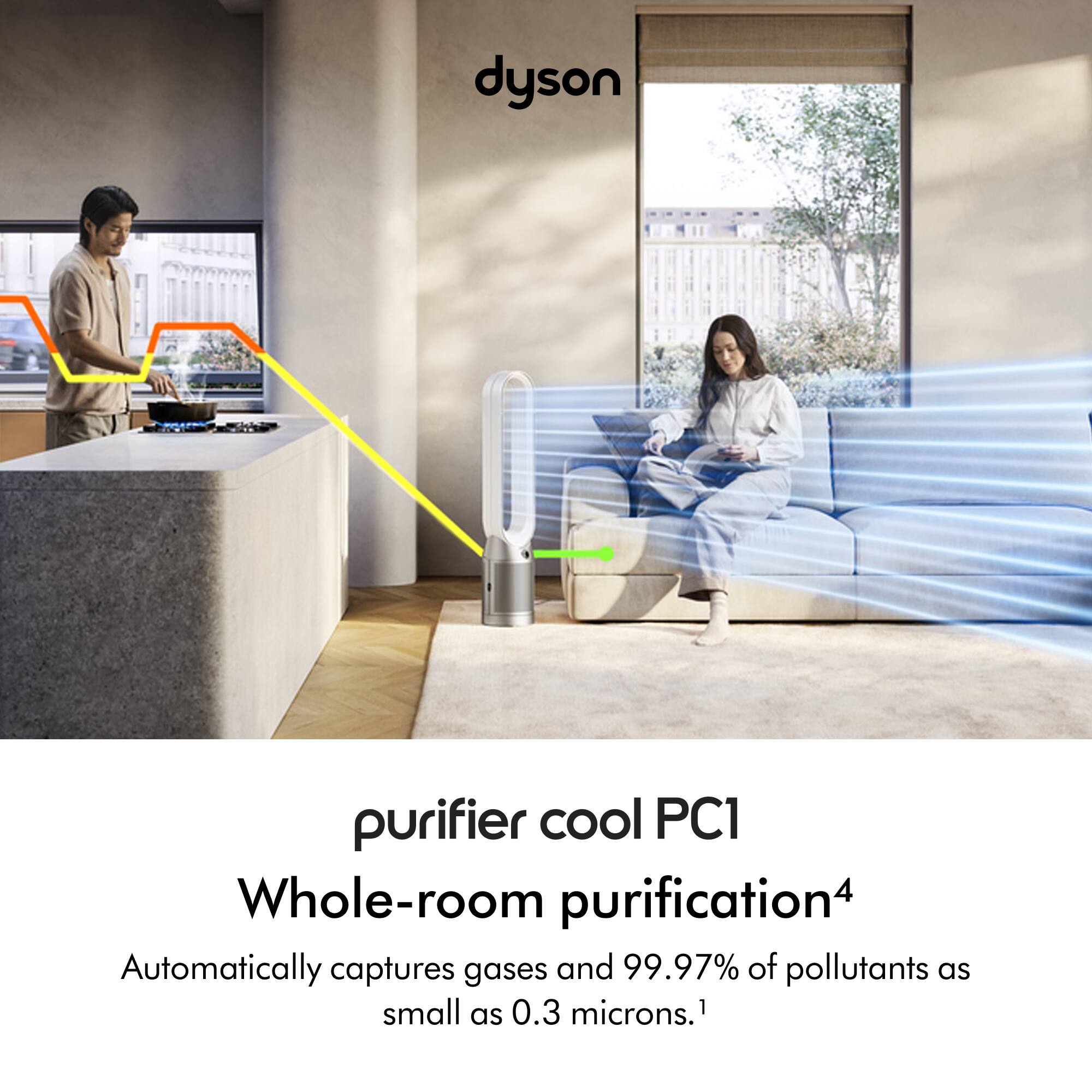 The text on the image reads: "dyson purifier cool PC1 Whole-room purification. Automatically captures gases and 99.97% of pollutants as small as 0.3 microns."