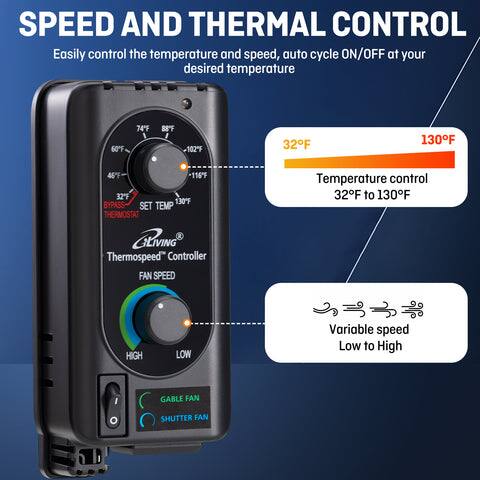 SPEED AND THERMAL CONTROL

Easily control the temperature and speed, auto cycle ON/OFF at your desired temperature

- 32°F to 130°F
- Variable speed Low to High
- GABLE FAN
- SHUTTER FAN

GLIVING R Thermospeed Controller

FAN SPEED
- HIGH
- LOW

Temperature control 32°F to 130°F