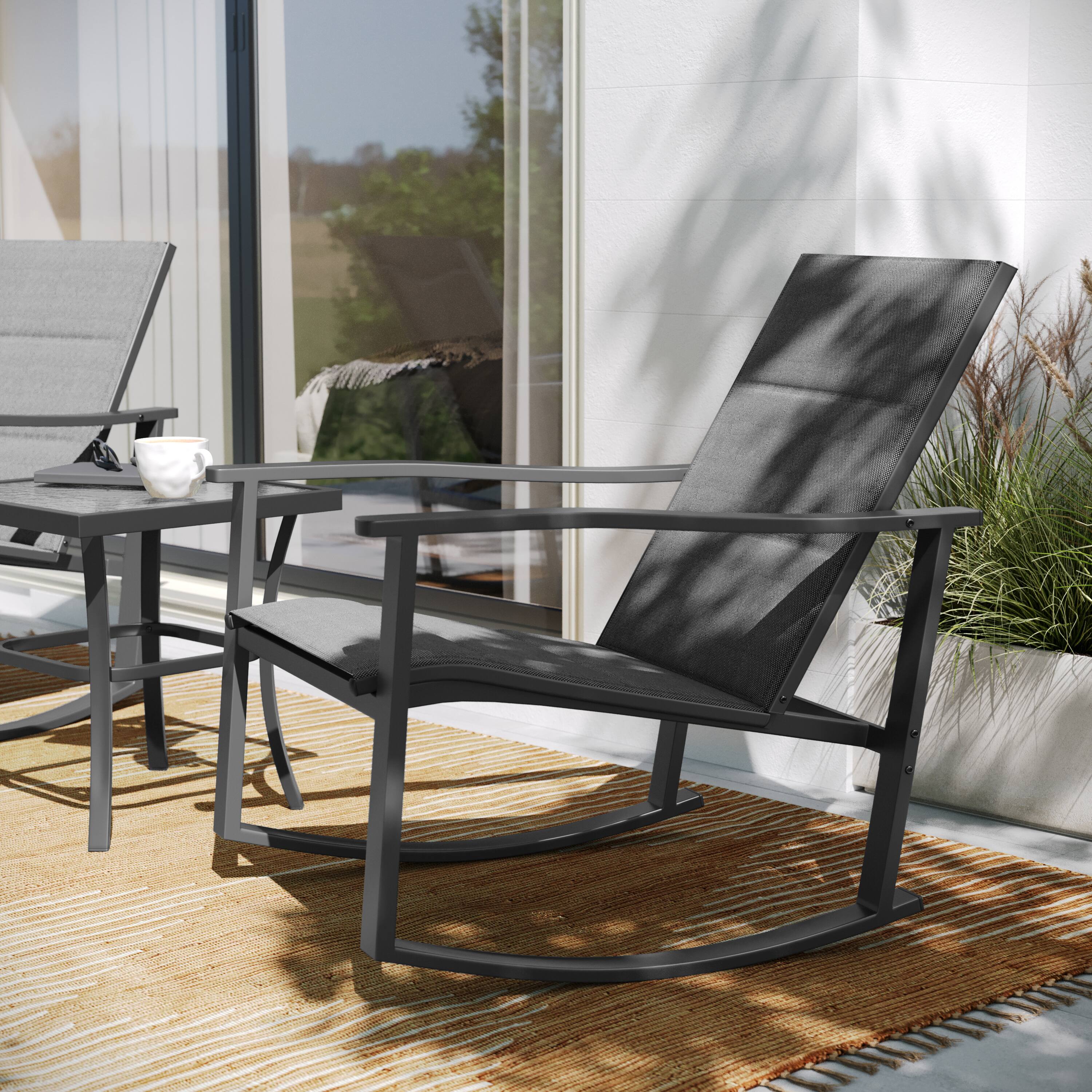 Alt View 3. Flash Furniture - Brazos 3 Piece Outdoor Rocking Chair Bistro Set with Flex Comfort Material and Steel Framed Glass Top Table, Black/Black - Black.