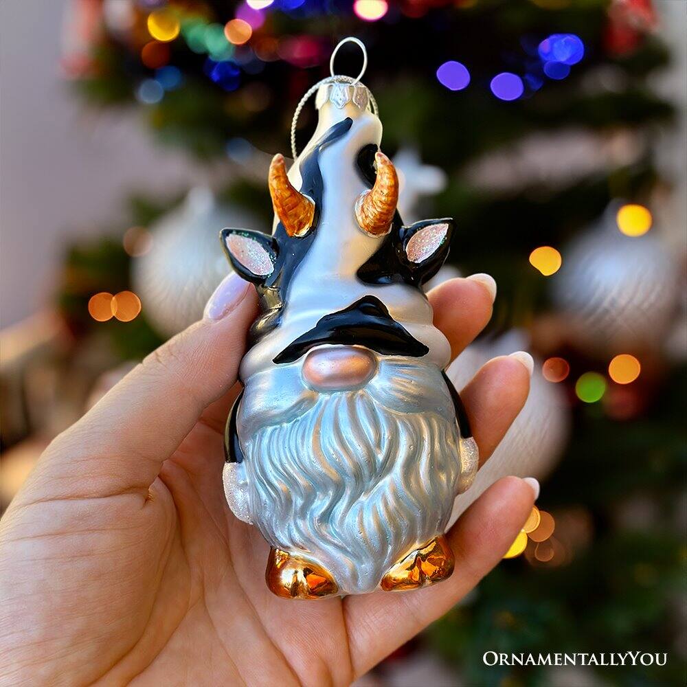 Back. OrnamentallyYou - Whimsical Gnome Cow Handblown Glass Christmas Ornament Cute Holiday Decor - Multi-colored.
