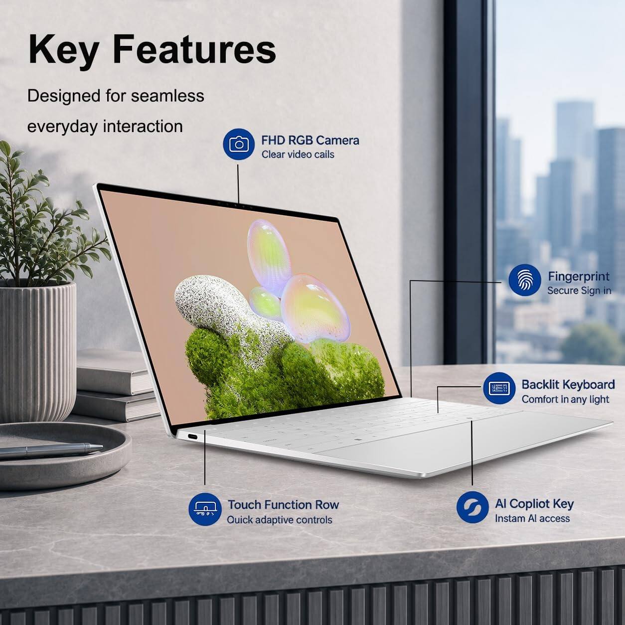 Key Features  
Designed for seamless everyday interaction  
FHD RGB Camera  
Clear video calls  
Fingerprint  
Secure Sign in  
Backlit Keyboard  
Comfort in any light  
Touch Function Row  
Quick adaptive controls  
AI Copilot Key  
Instam AI access