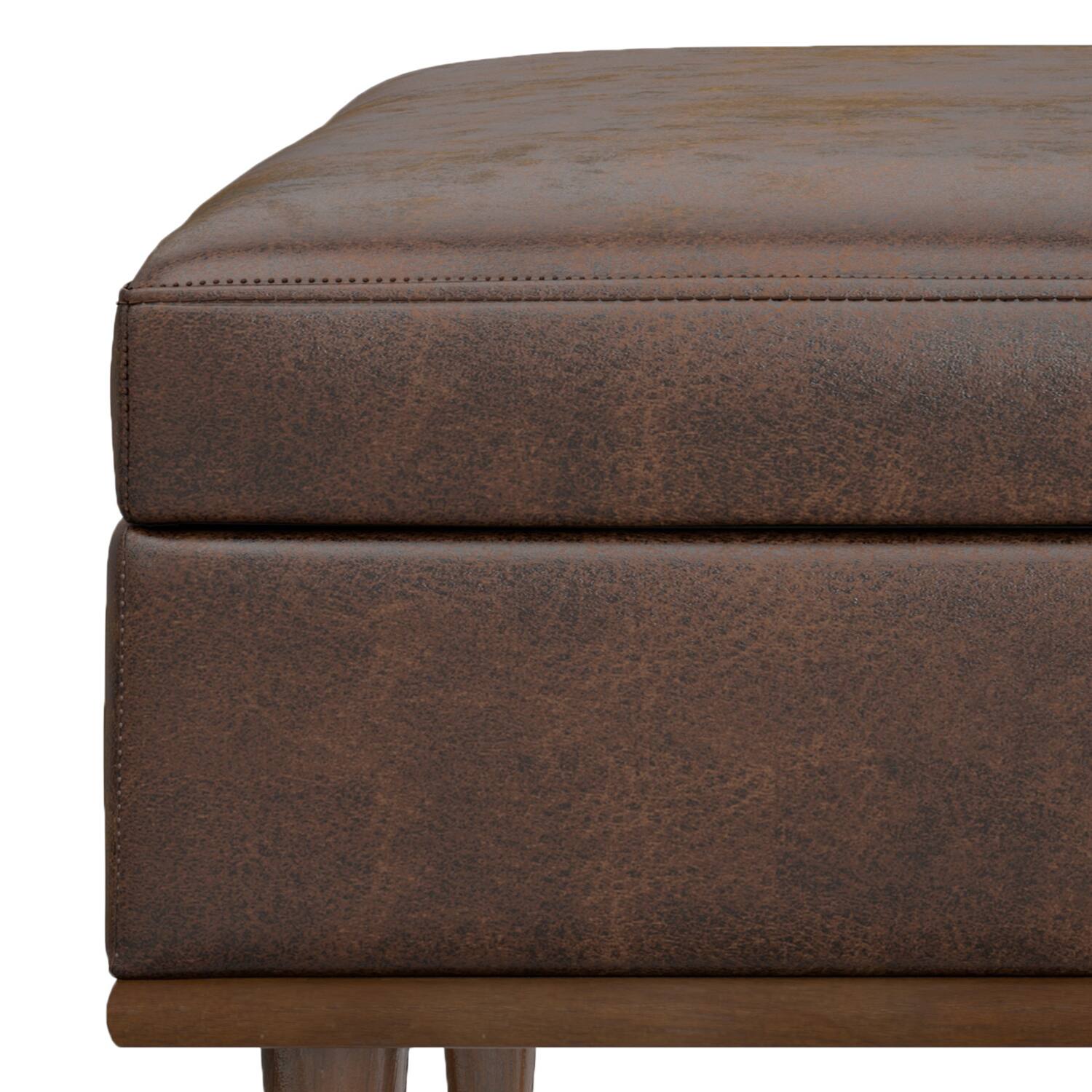 Alt View 9. Simpli Home - Shiloh 38 inch Transitional Contemporary Storage Ottoman in Distressed Chestnut Brown Vegan Faux Leather, Assembled - Distressed Chestnut Brown.