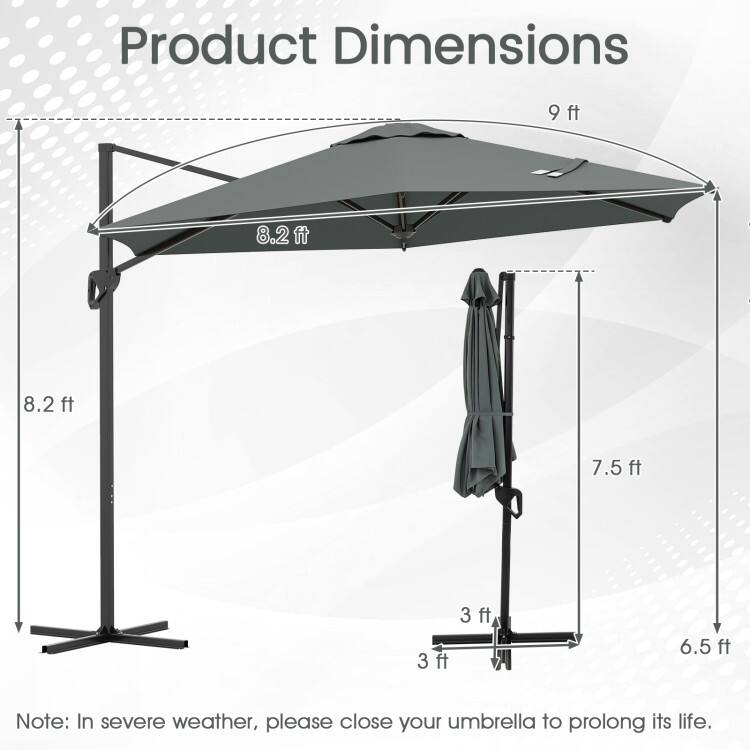 Product Dimensions: 9 ft, 8.2 ft, 8.2 ft, 7.5 ft, 3 ft, 3 ft, 6.5 ft

Note: In severe weather, please close your umbrella to prolong its life.