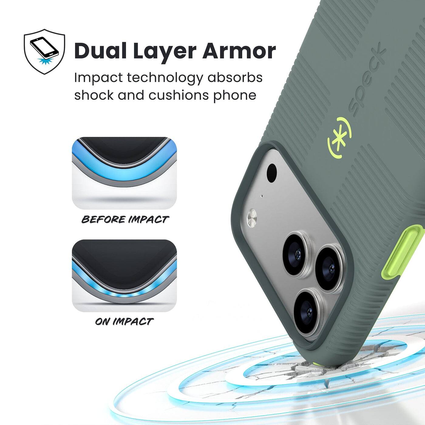 Dual Layer Armor  
Impact technology absorbs shock and cushions phone  

BEFORE IMPACT  
ON IMPACT
