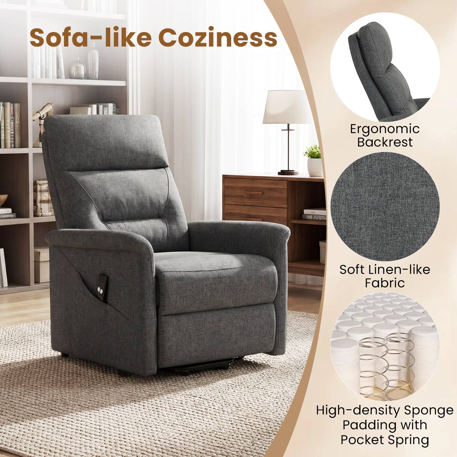 Sofa-like Coziness

- Ergonomic Backrest
- Soft Linen-like Fabric
- High-density Sponge Padding with Pocket Spring
