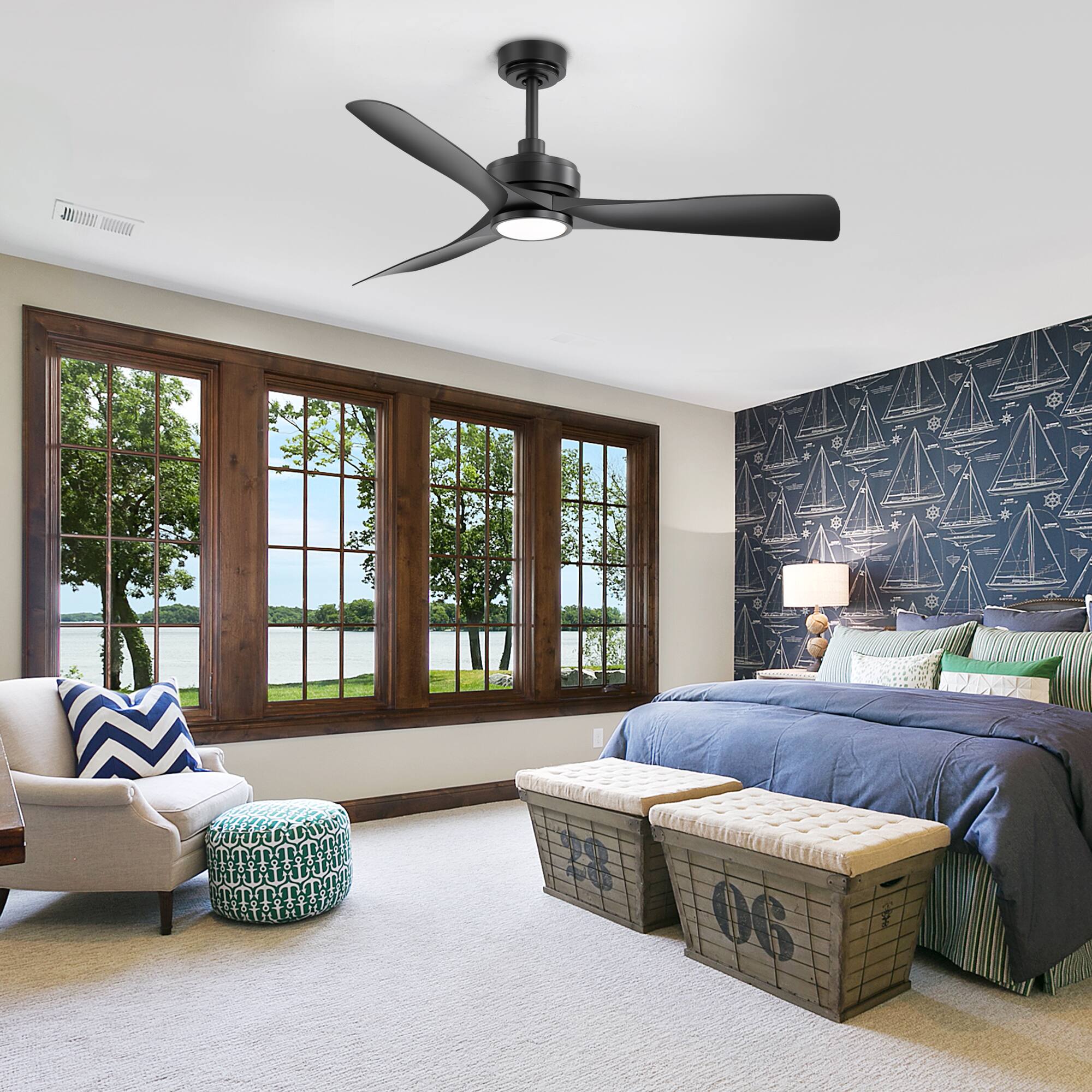 Left. Breezary - 52-Inch Ceiling Fan with LED Light, 3 ABS Blades, DC Motor 120V 37W, IP34 Waterproof, Includes 5 & 10 Inch Downrods - black.