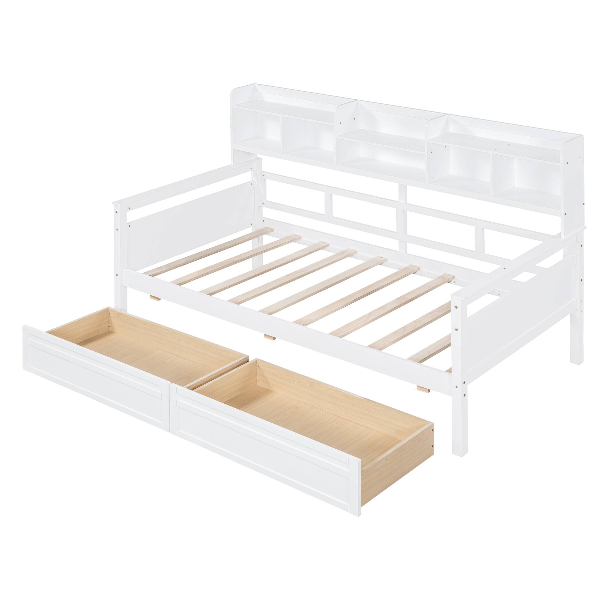 Alt View 1. Aukfa - Twin size Daybed, Wood Slat Support, with Bedside Shelves and Two Drawers - White.
