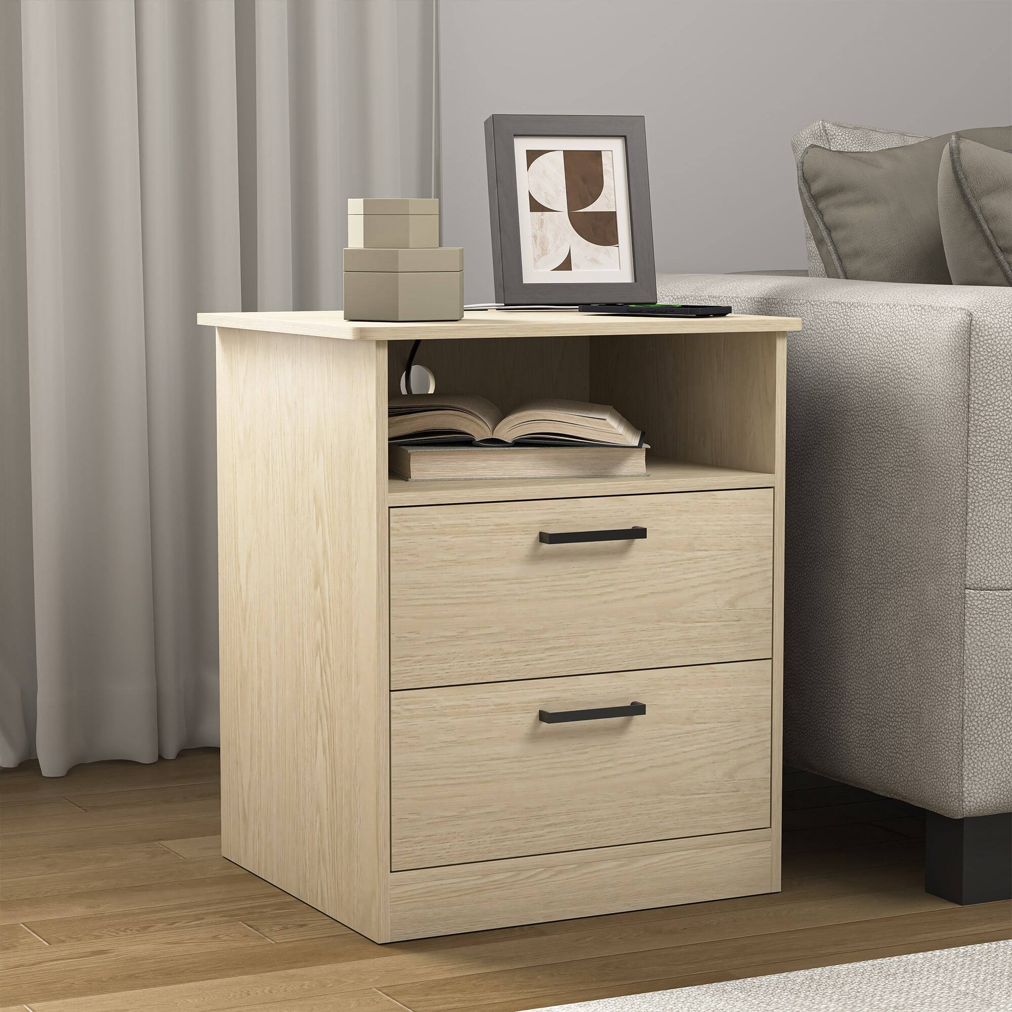 Left. Kadyn - Kadyn Wood Nightstand With Charging Station, Bedside Table With 2 Drawers, Bedroom, Light Brown - Light Brown.