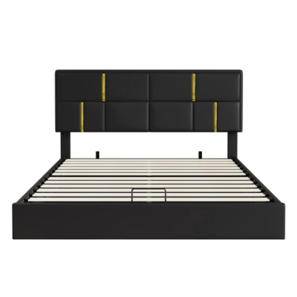 Back. LUCKY ONE - Queen Size Upholstered Platform Bed with Hydraulic Storage System, Soft Fabric Headboard, No Box Spring Needed - Black.
