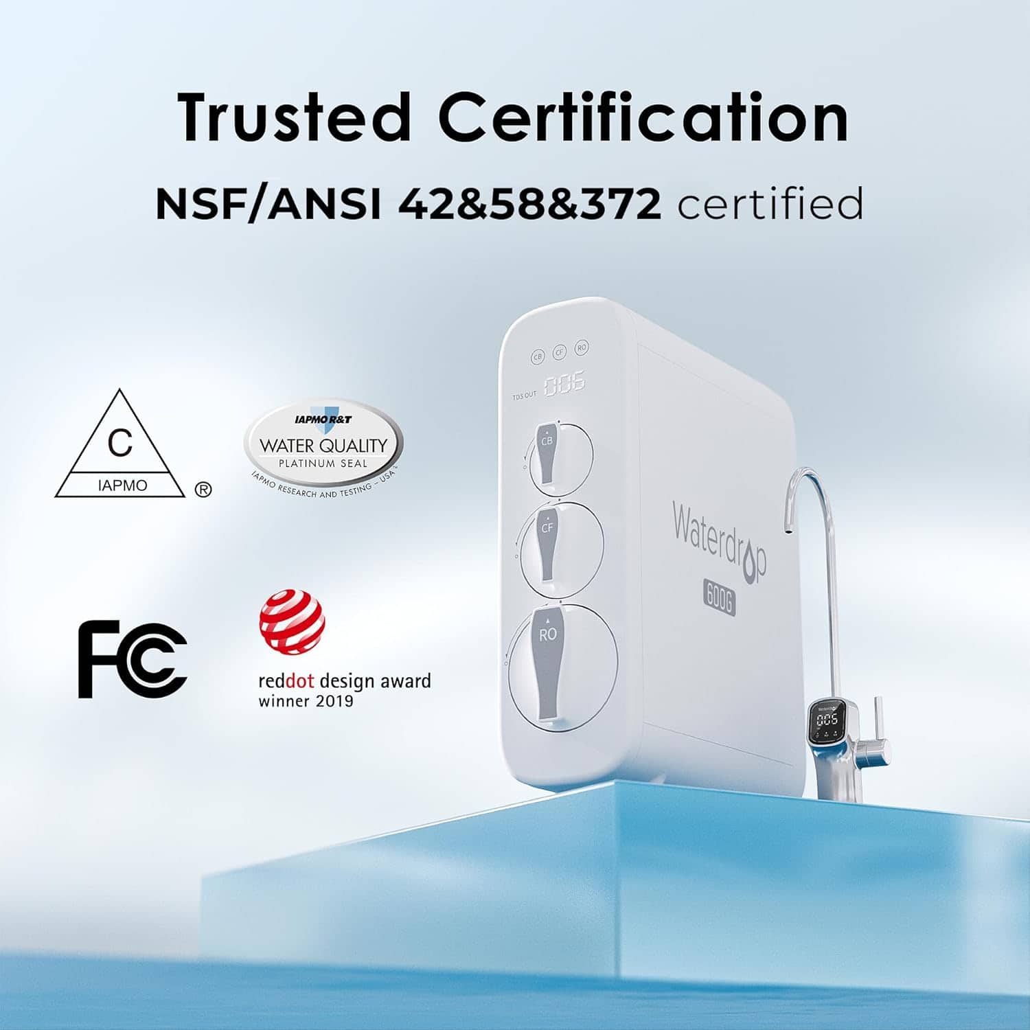 Trusted Certification NSF/ANSI 42&58&372 certified C IAPMO R FC IAPO E&T WATER QUALITY PLATINUM SEAL Cartal USA RESEARCH AND TEETINO reddot design award winner 2019 Waterdrgp 6006 oCs