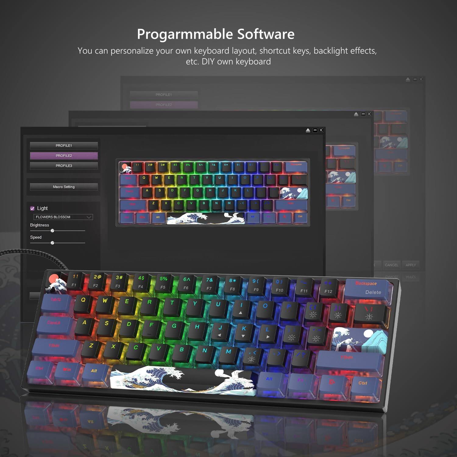Programmable Software  
You can personalize your own keyboard layout, shortcut keys, backlight effects, etc. DIY own keyboard  

PROFILE 1  
PROFILE 2  
PROFILES  

Macro Setting  

Light  
FLOWERS BLOSSOM  
Brightness  

Speed  

F1 20  
F2 34  
F3 45  
F4 5%  
F5 6%  
F6 7%  
F7 8%  
F8 9%  
F9 10%  
F10 11%  
F11 12%  
F12 Backspace Delete  

1 2 3 4 5 6 7 8 9 0  
Q W E R T Y U I O P  
A S D F G H J K L  
Z X C V B N M  
Caps Lock  
Shift  
Ctrl