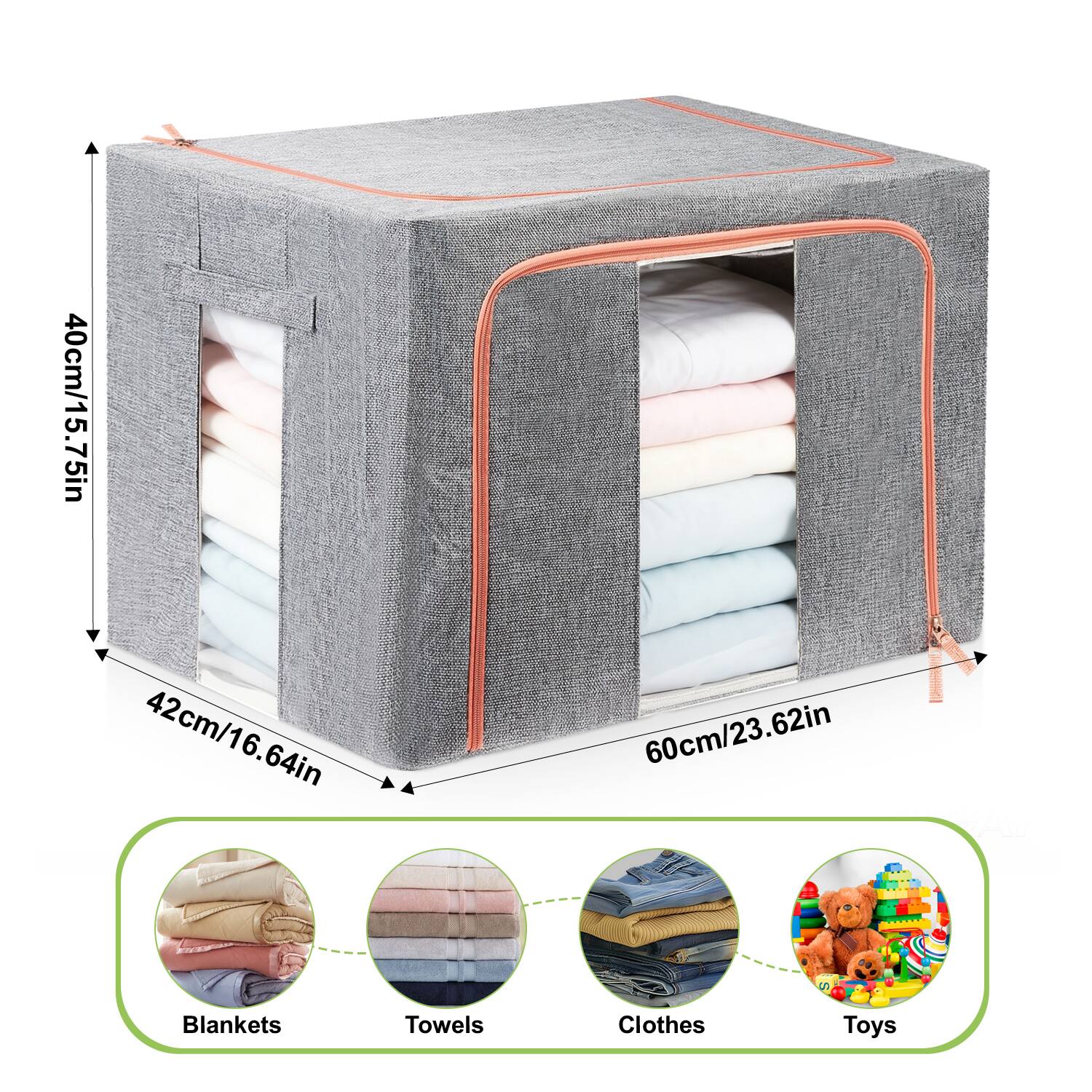 40cm/15.75in  
42cm/16.64in  
60cm/23.62in  

Blankets  
Towels  
Clothes  
Toys