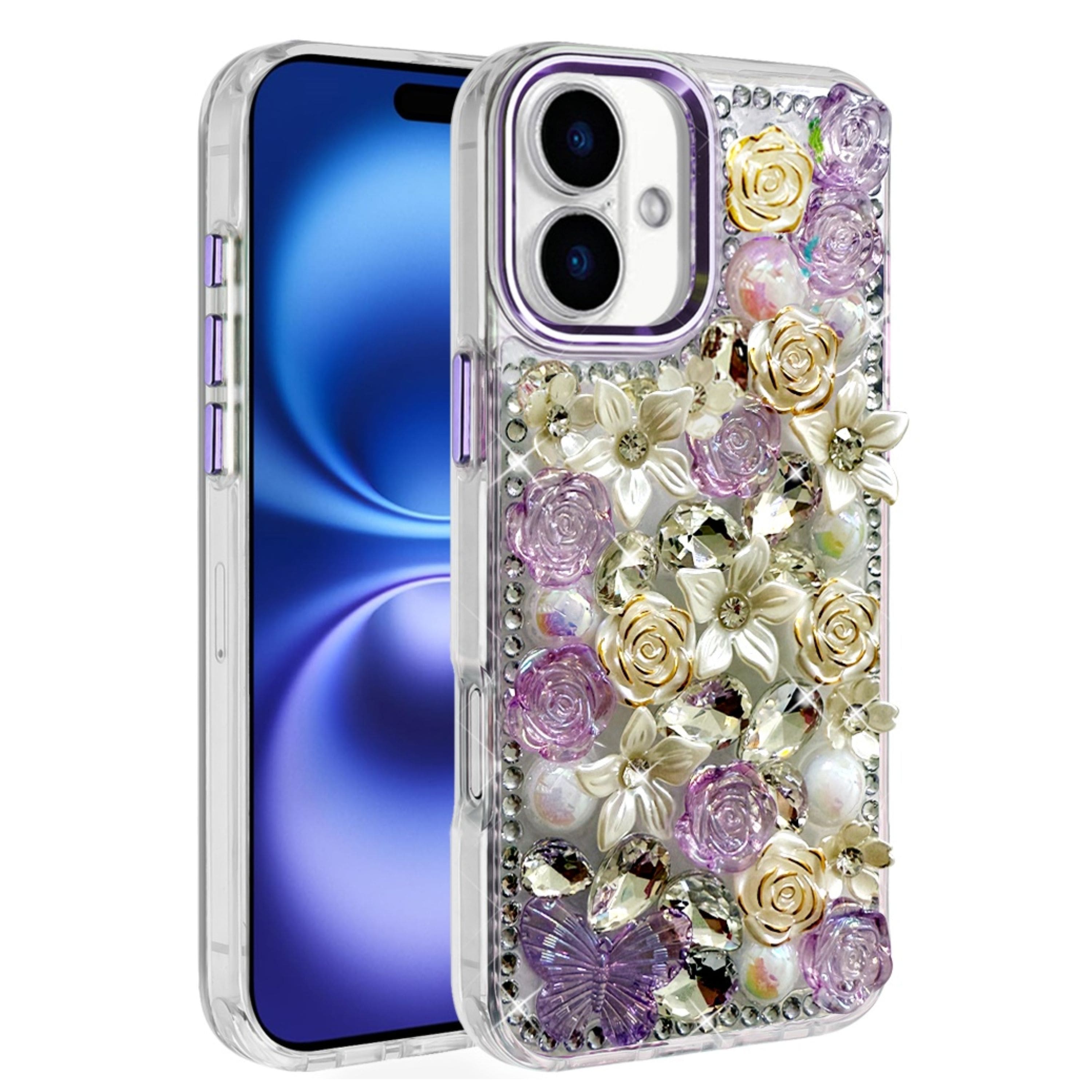 Kitcheniva - Full Floral 3D Bling Jewel Cute Phone Cover Plus Tempered Glass For iPhone 17 - Purple price history on PriceWatchPro