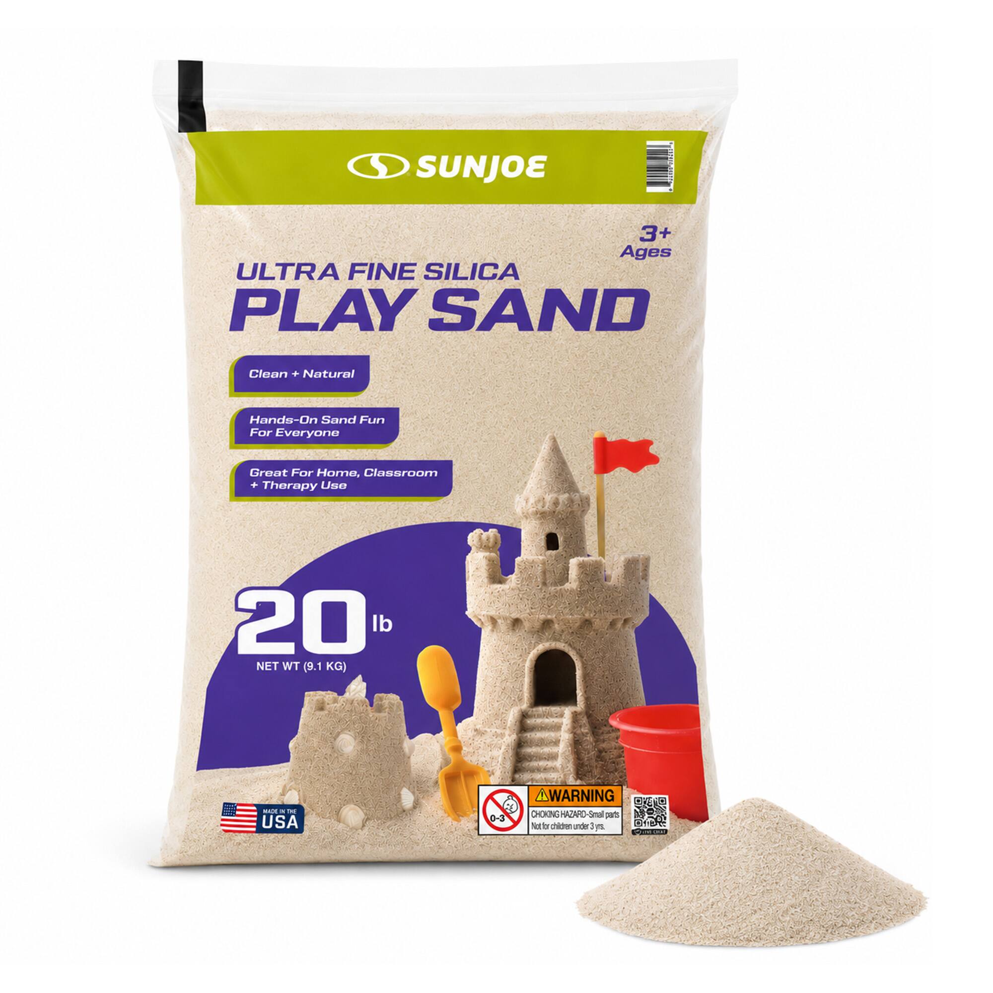 SUNJOE  
3+ Ages ULTRA FINE SILICA PLAY SAND  
Clean + Natural  
Hands-On Sand Fun For Everyone  
Great For Home, Classroom + Therapy Use  
20 lb NET WT 9.1 KG  
NON IN 315 USA  
WARNING: CHOKING HAZARD - Small parts. Not for children under 3 yrs.