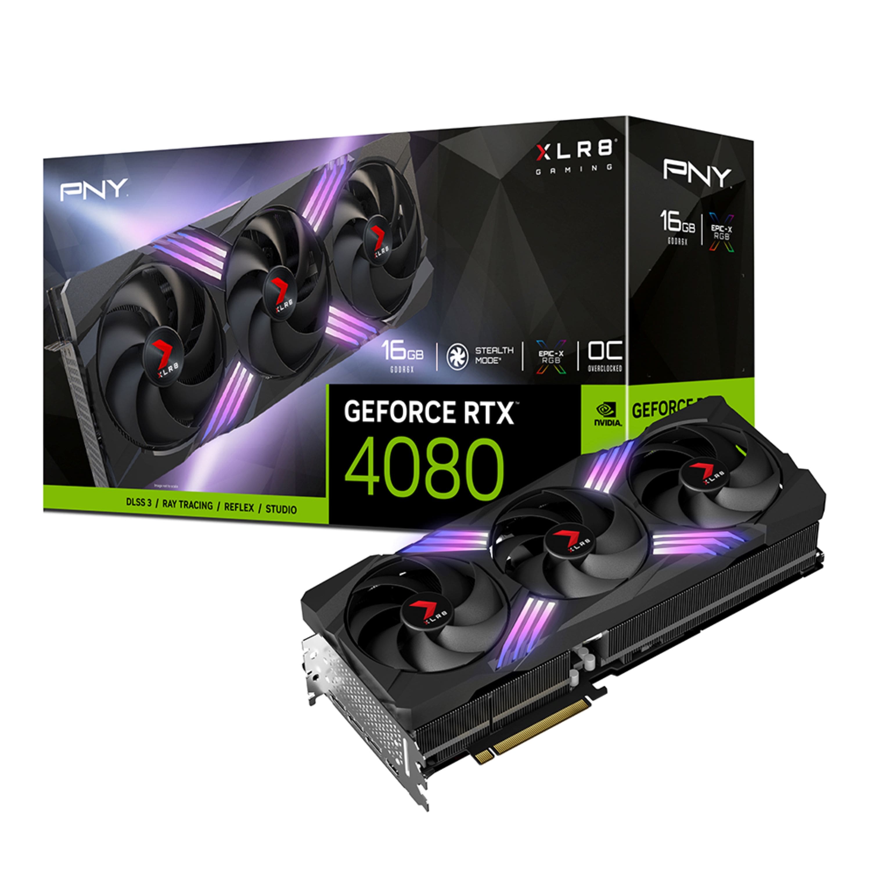 Front. PNY - NVIDIA GeForce RTX 4080 16GB GDDR6X PCI Express 4.0 Graphics Card with Triple Fan and DLSS 3 - Black.