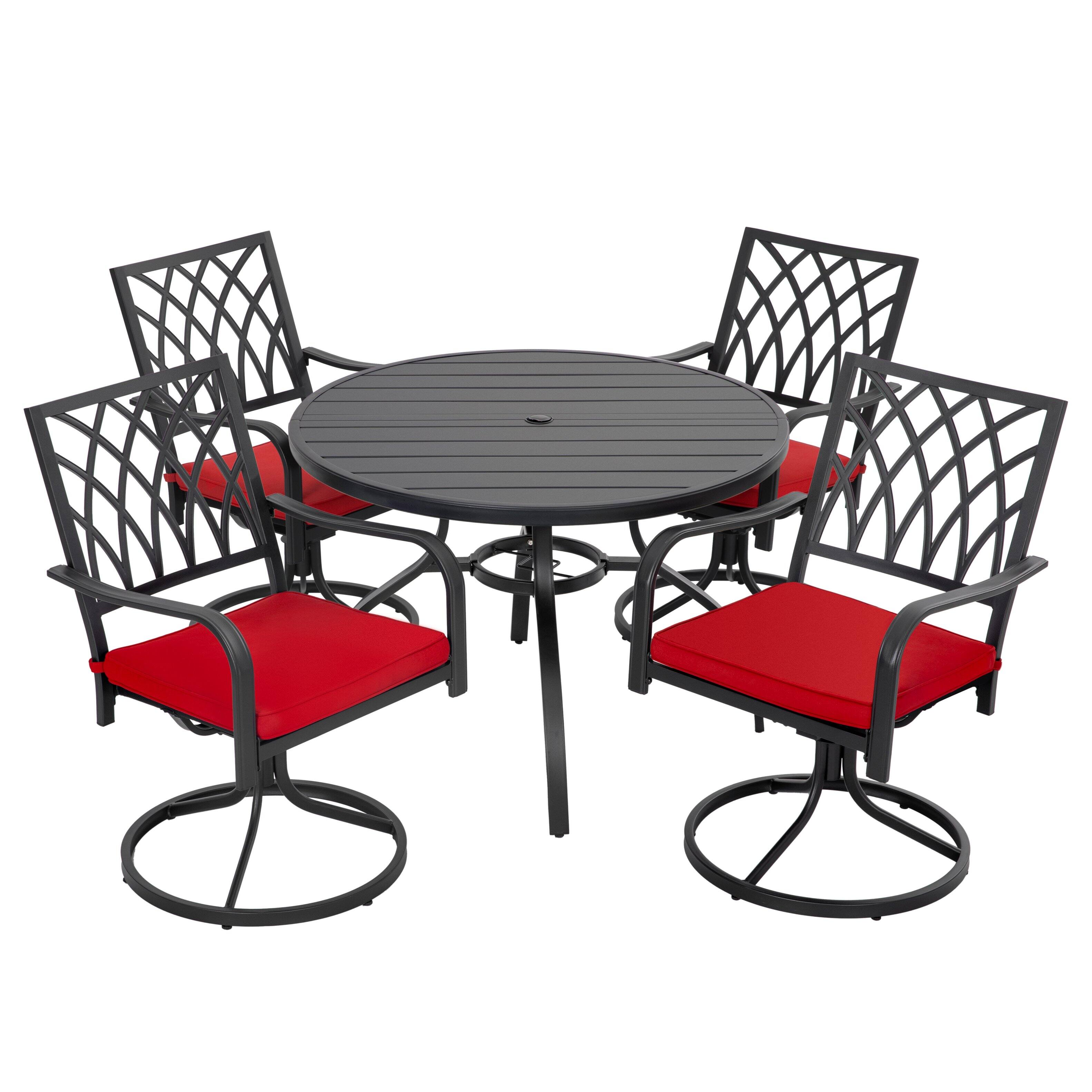 Angle. Nuu Garden - 5-Piece Metal Round Outdoor Dining Set with Umbrella Hole and Zippered Cushions, Swivel Chairs - Black and Red.