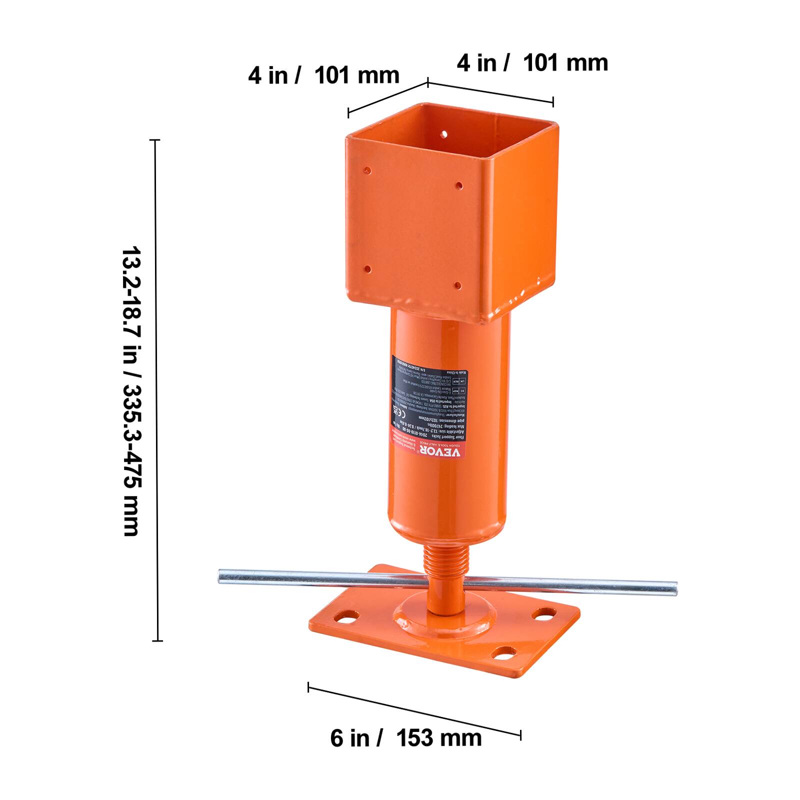 4 in / 101 mm  
4 in / 101 mm  
13.2-18.7 in / 335.3-475 mm  
6 in / 153 mm