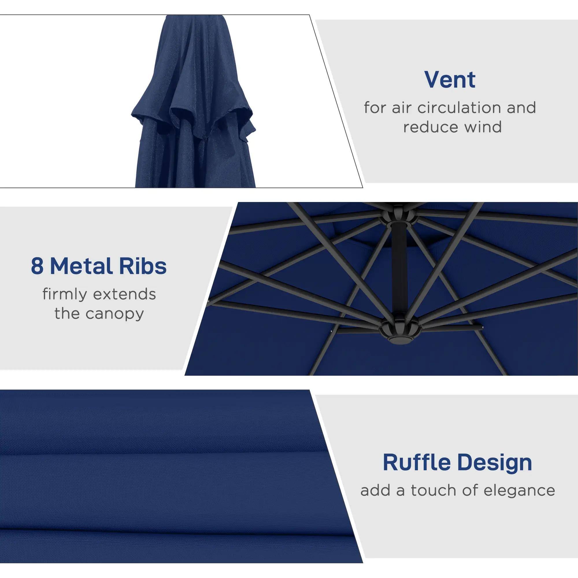 Vent  
for air circulation and reduce wind  

8 Metal Ribs  
firmly extends the canopy  

Ruffle Design  
add a touch of elegance
