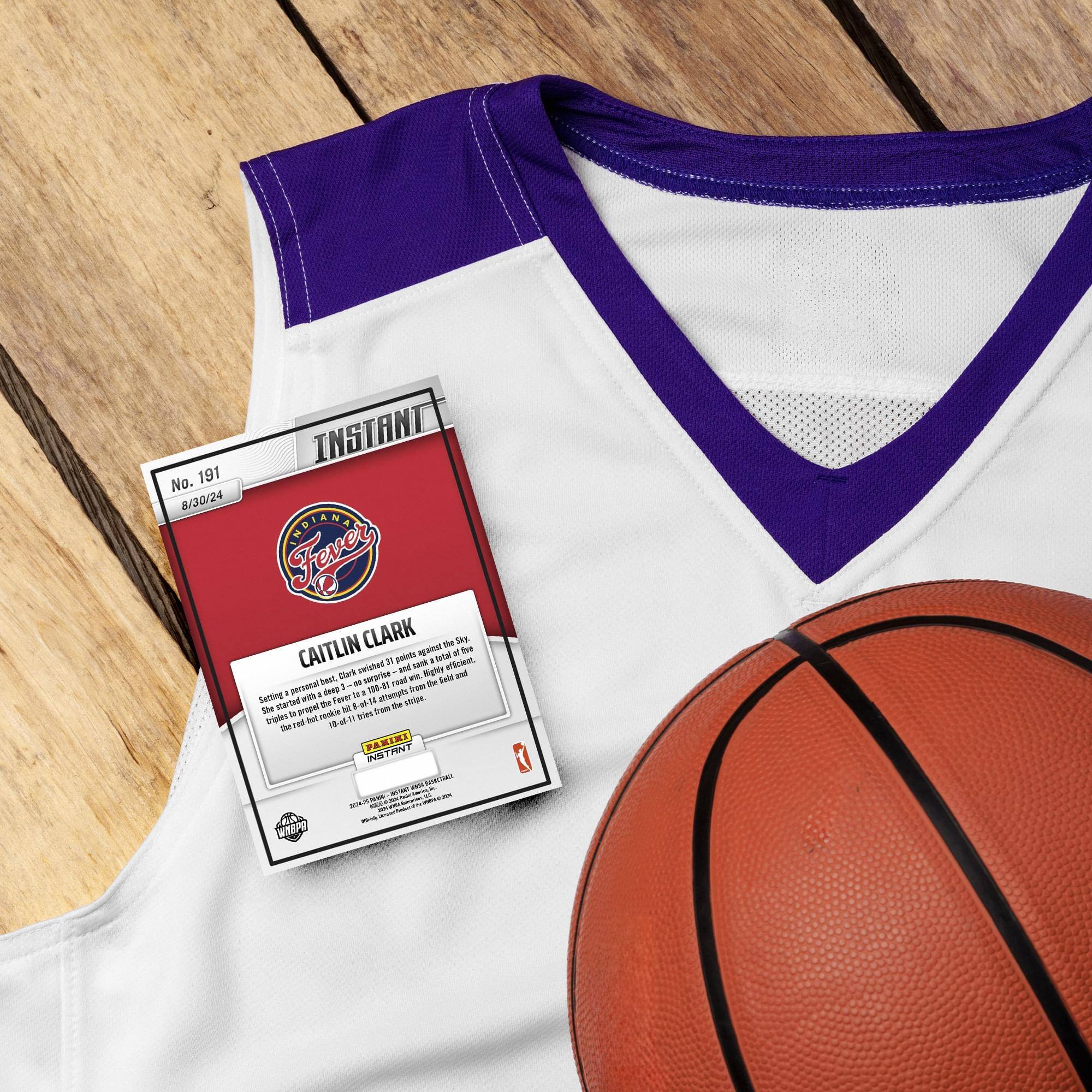 No. 191  
8/30/24  
INSTANT  
CAITLIN CLARK  
- SkE Tre  
- Caitlin Clark scored 11 points and sank three 3-pointers.  
- Darh curarise - Sighly tell and hest - - aad t - l FD - 100 attempts.  
- Setting with Tovel - - the 1 prupel ng_to_scibe M TN Vinorc - 41 Wies TMe CM gto iD PAKEMI NSTANT  
- - i - - WTEPS