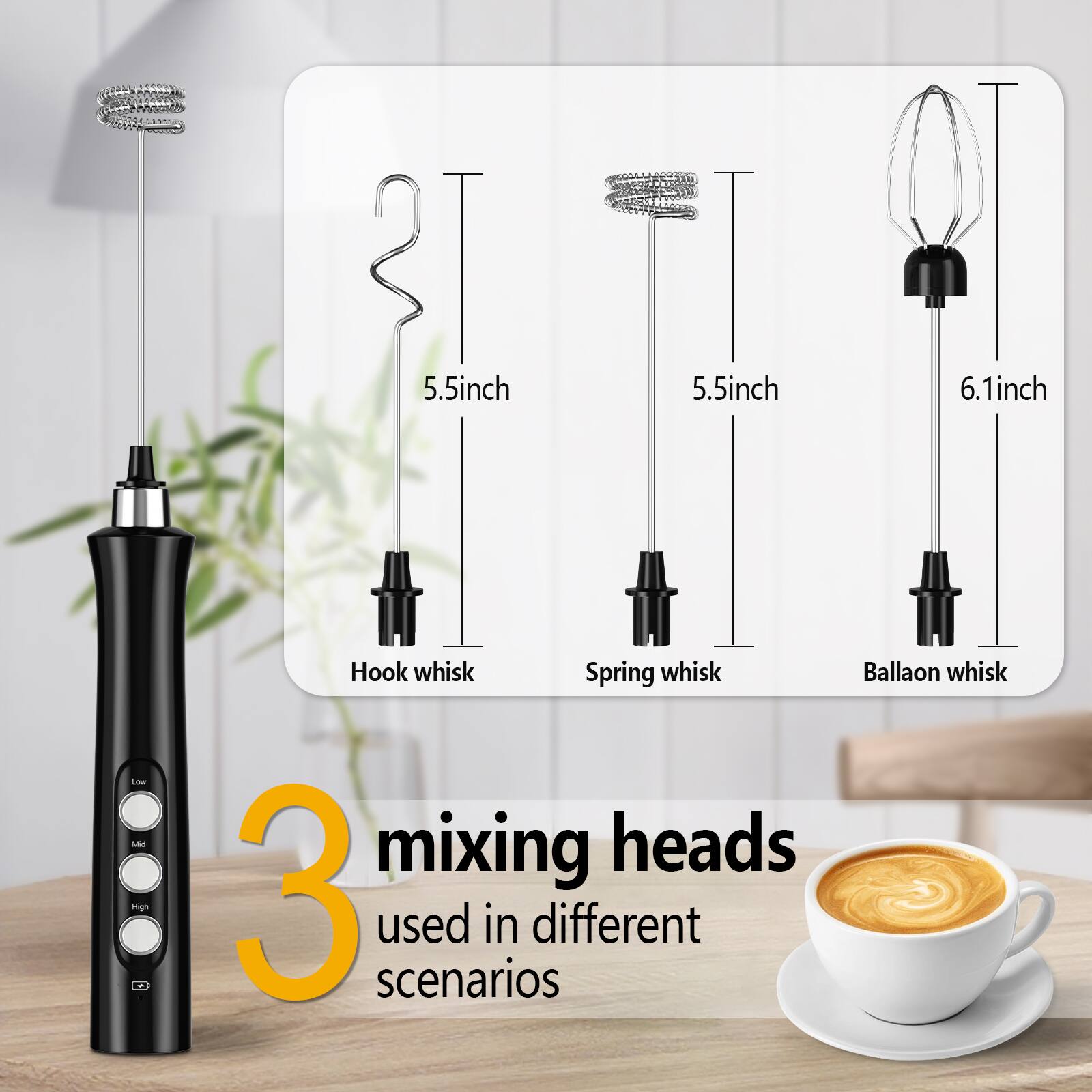 S 5.5inch 5.5inch 6.1inch Hook whisk Spring whisk Ballaon whisk 3 mixing heads used in different scenarios