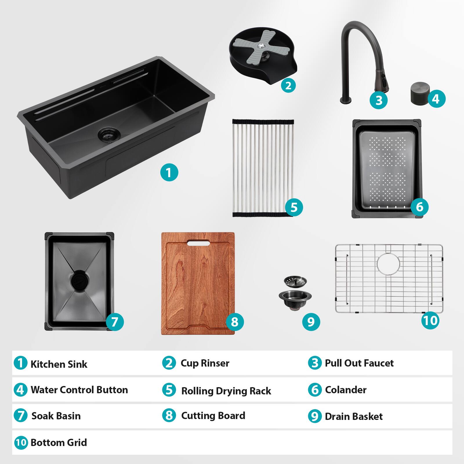 1. Kitchen Sink  
2. Cup Rinser  
3. Pull Out Faucet  
4. Water Control Button  
5. Rolling Drying Rack  
6. Colander  
7. Soak Basin  
8. Cutting Board  
9. Drain Basket  
10. Bottom Grid