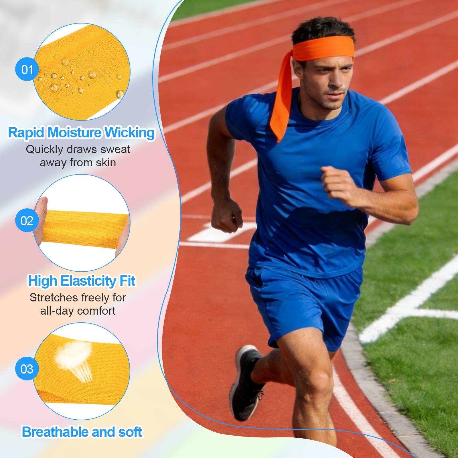 01 Rapid Moisture Wicking: Quickly draws sweat away from skin  
02 High Elasticity Fit: Stretches freely for all-day comfort  
03 Breathable and soft