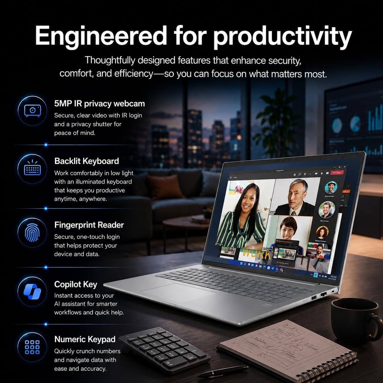 Engineered for productivity  
Thoughtfully designed features that enhance security, comfort, and efficiency—so you can focus on what matters most.

5MP IR privacy webcam  
Secure, clear video with IR login and a privacy shutter for peace of mind.

Backlit Keyboard  
Work comfortably in low light with an illuminated keyboard that keeps you productive anytime, anywhere.

Fingerprint Reader  
Secure, one-touch login that helps protect your device and data.

Copilot Key  
Instant access to your AI assistant for smarter workflows and quick help.

Numeric Keypad  
Quickly crunch numbers and navigate data with ease and accuracy.