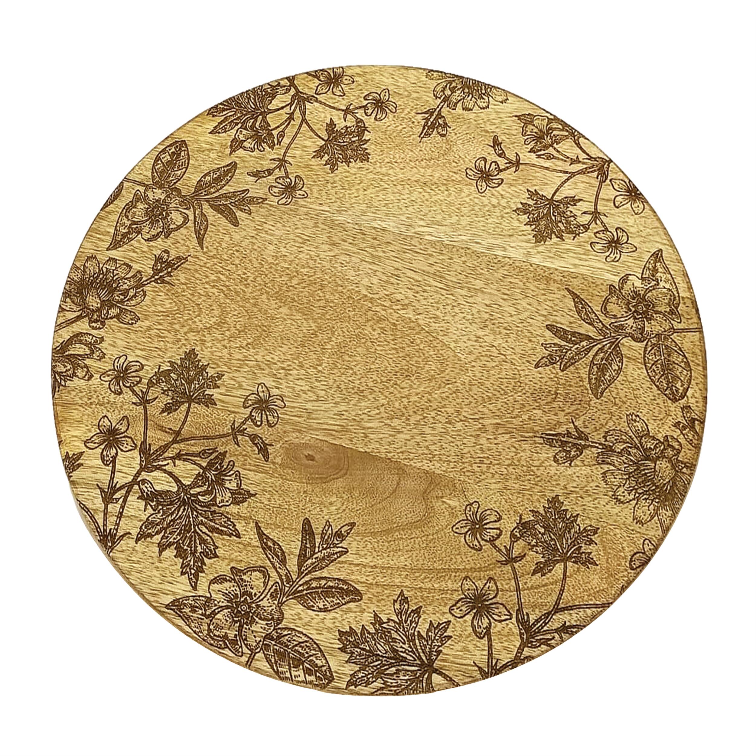Angle. BreeBe - Floral Etched Mango Wood Tray - Gold.