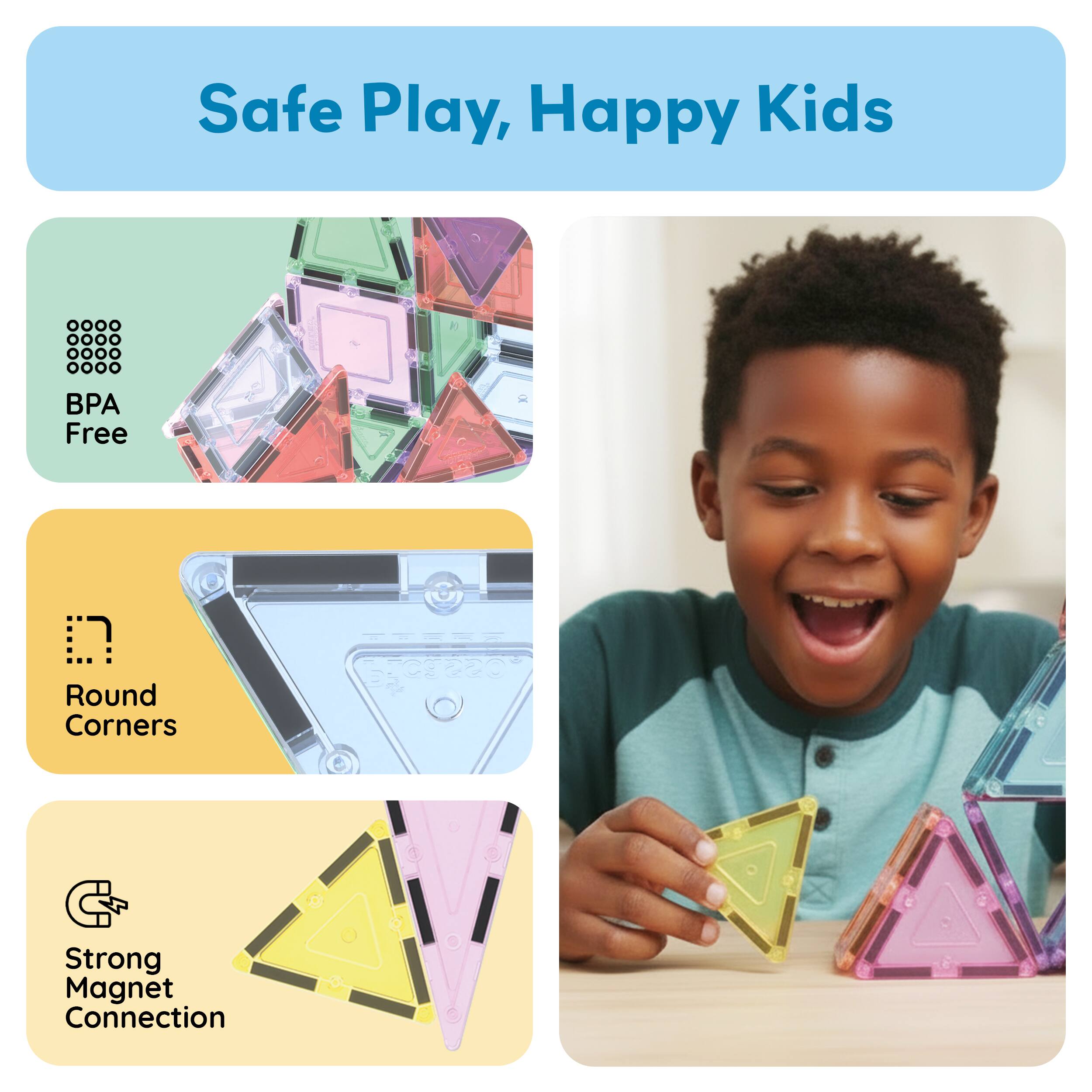 Safe Play, Happy Kids

- BPA Free
- Round Corners
- Strong Magnet Connection