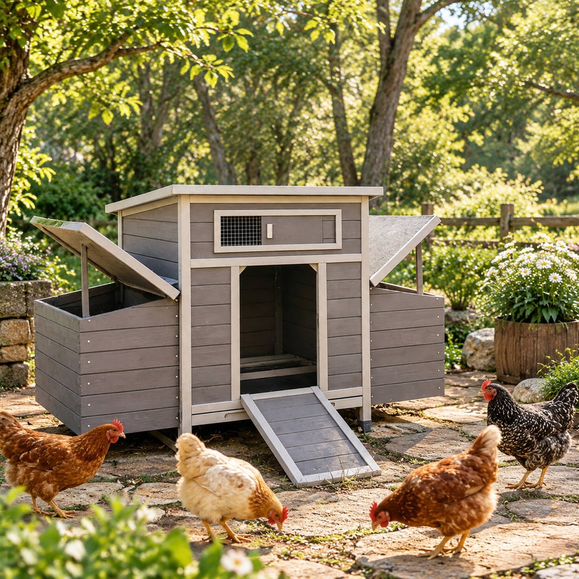 Angle. RYHNUYNE - Gray Wooden Chicken Coop, Large Outdoor Hen House, Nesting Box, Run, Waterproof Panels.