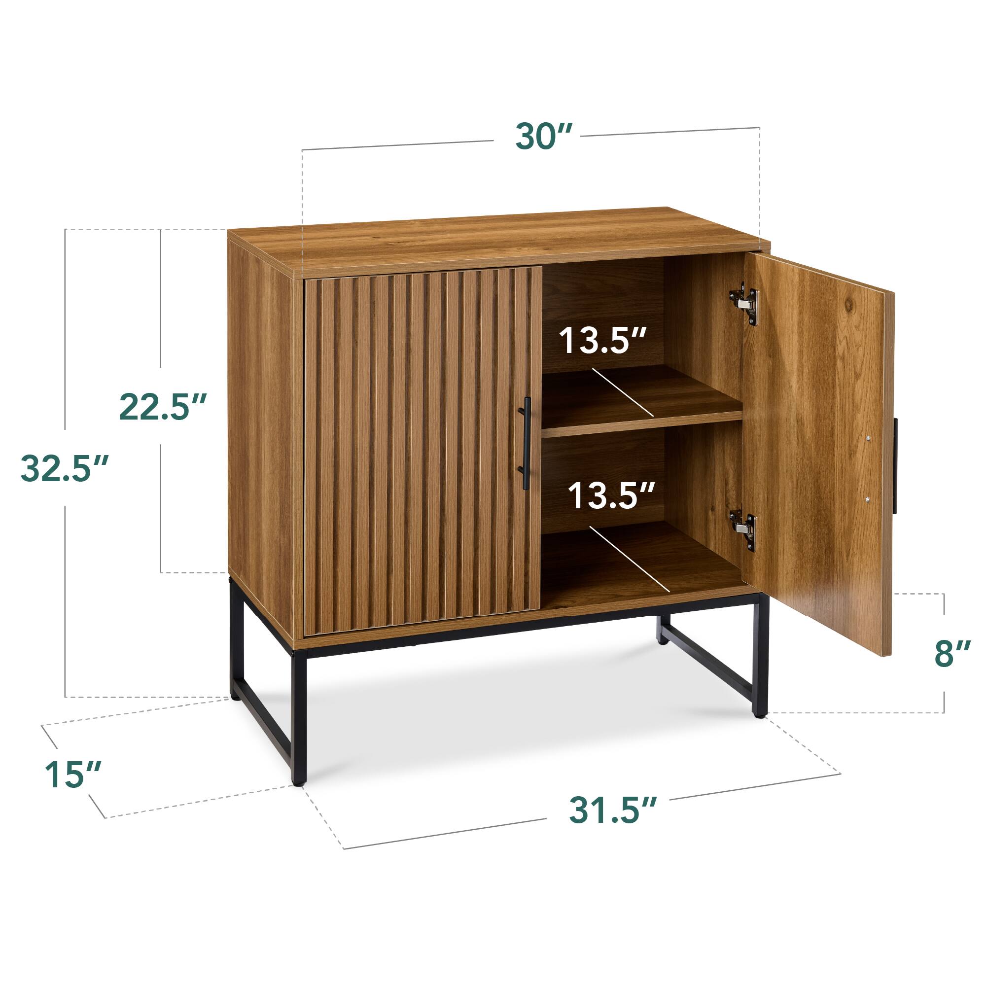 The dimensions of the cabinet are as follows:

- Width: 30"
- Height: 32.5"
- Depth: 15"
- Shelf depth: 13.5"
- Shelf height: 13.5"
- Overall depth from the wall: 31.5"
- Side panel height: 22.5"
- Side panel width: 8"