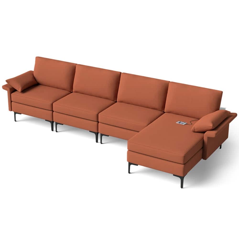Resenkos - Extra Large L-shaped Sectional Sofa with Reversible Chaise and 2 USB Ports for 4-5 People-Rust Red - Red