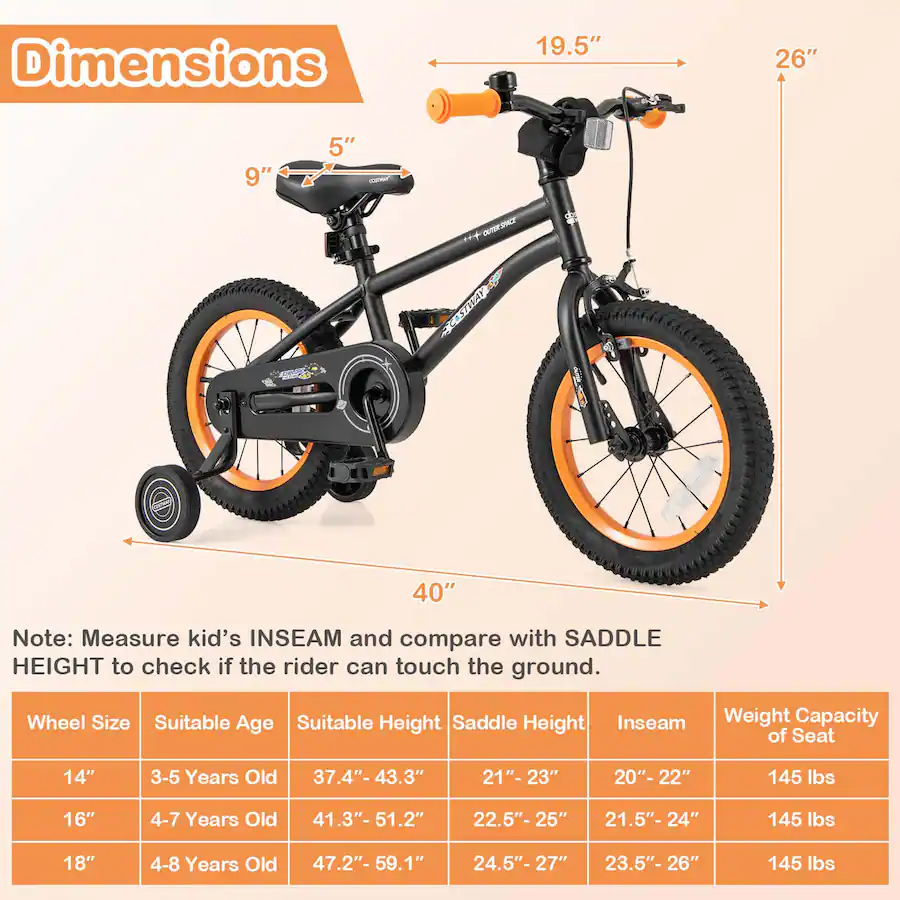 Costway 14 Inch Kid's Bike for 3 5 Years Old with Adjustable Saddle ...