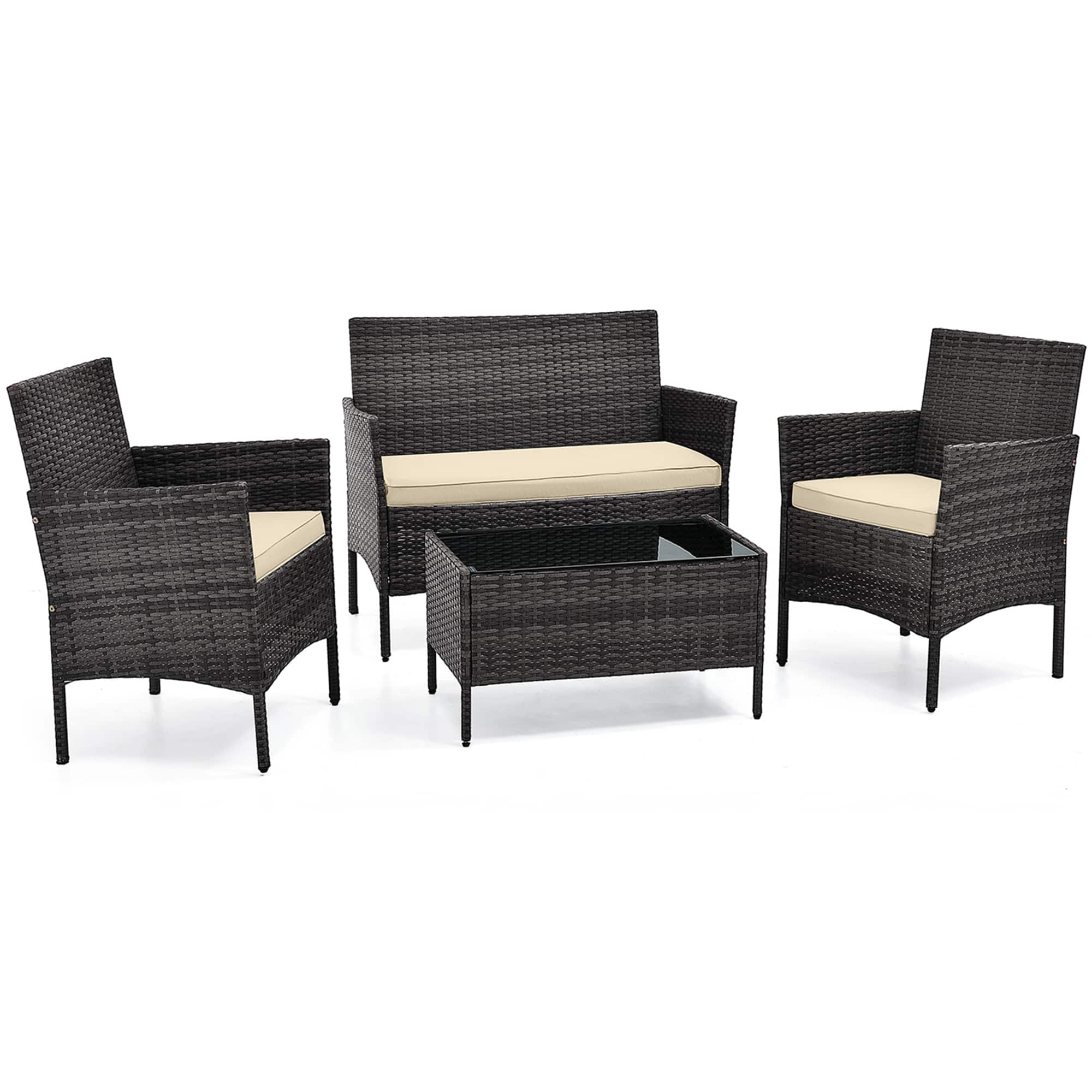 Alt View 1. Costway - 4 PCS Patio Furniture Set with Washable Cushions and Tempered Glass Coffee Table - Beige + Mix Brown.