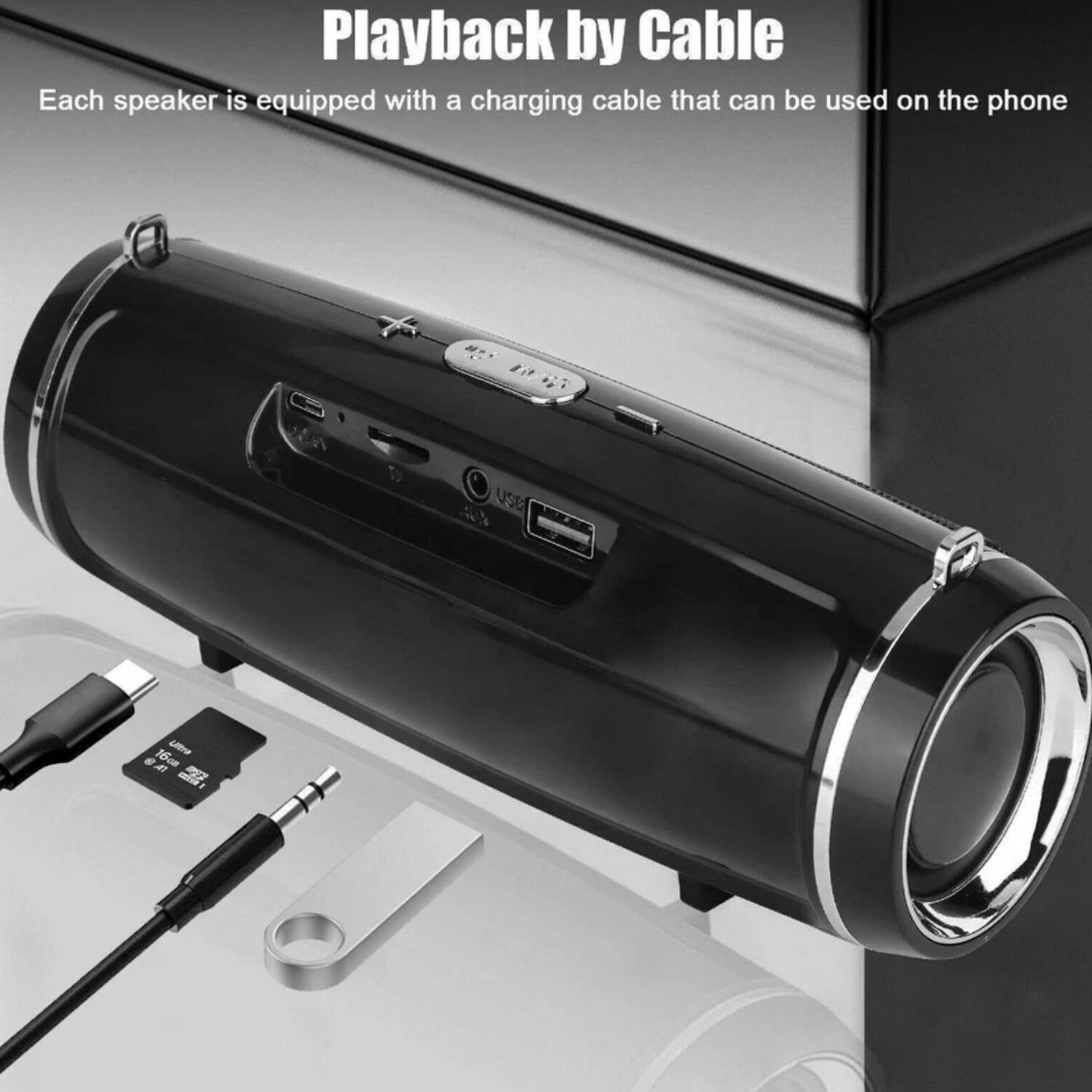 Playback by Cable

Each speaker is equipped with a charging cable that can be used on the phone