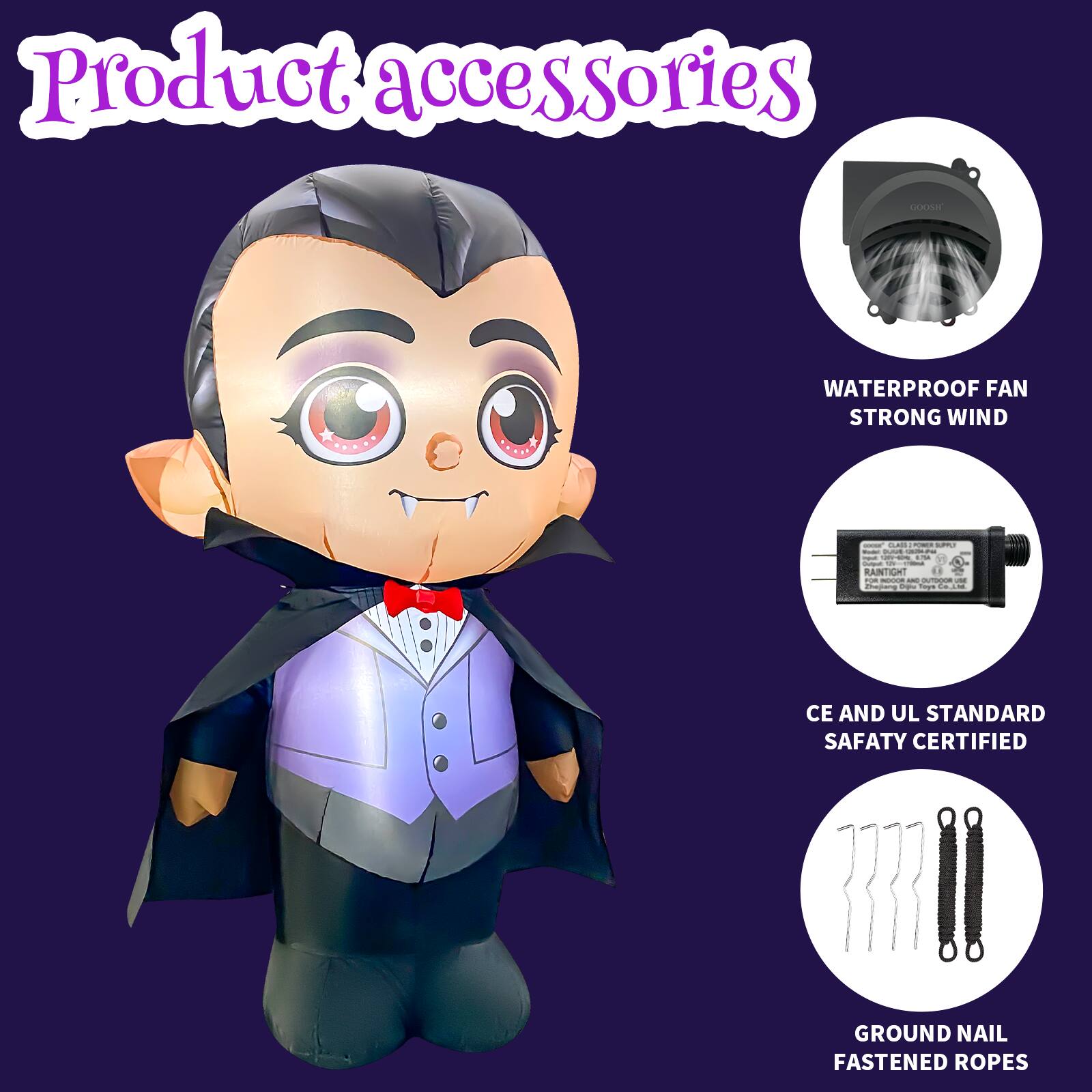 Product accessories

- WATERPROOF FAN STRONG WIND
- CE AND UL STANDARD SAFETY CERTIFIED
- GROUND NAIL FASTENED ROPES