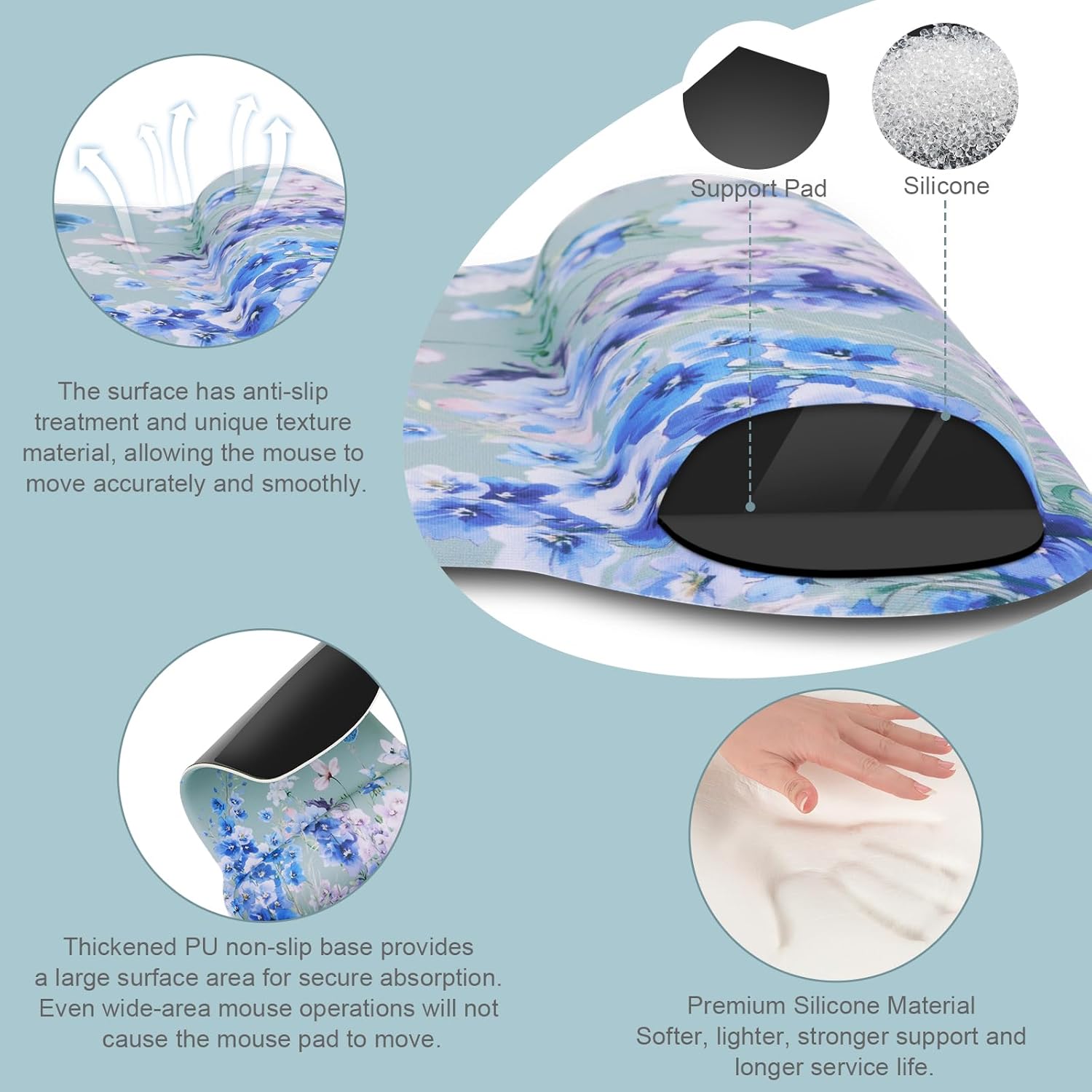 Support Pad Silicone

The surface has anti-slip treatment and unique texture material, allowing the mouse to move accurately and smoothly.

Thickened PU non-slip base provides a large surface area for secure absorption. Even wide-area mouse operations will not cause the mouse pad to move.

Premium Silicone Material
Softer, lighter, stronger support and longer service life.