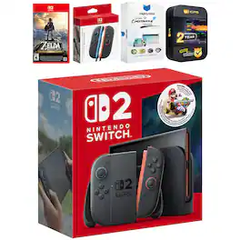 Switch 2 + Mario Kart World Bundle with Zelda Breath of the Wild, Extra Joy-Cons, MightySkins Code and 2 CPS - Nintendo Switch 2