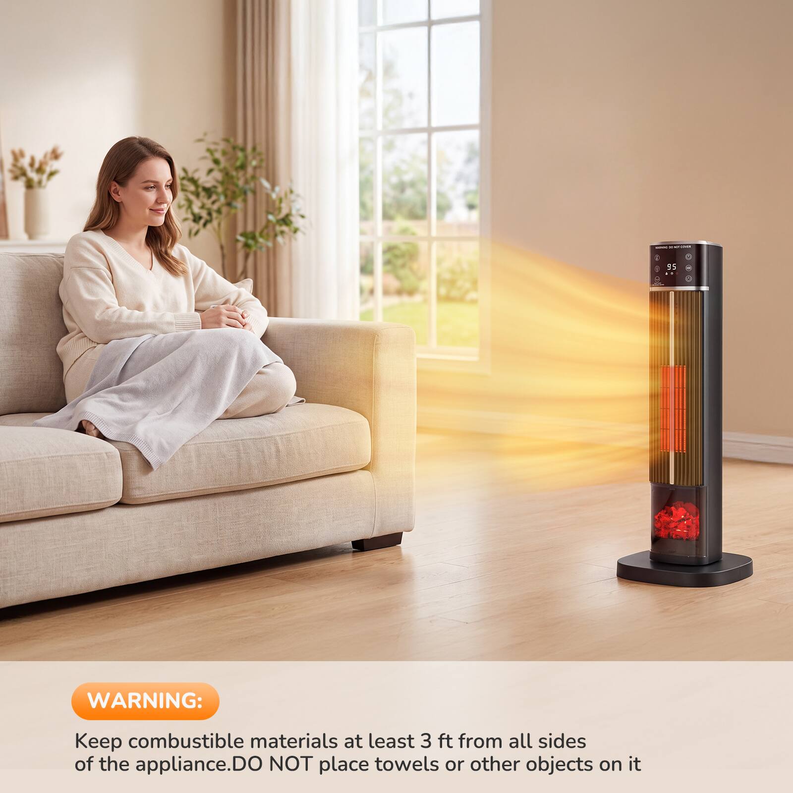 - * C OPEN
95
WARNING:
Keep combustible materials at least 3 ft from all sides of the appliance. DO NOT place towels or other objects on it