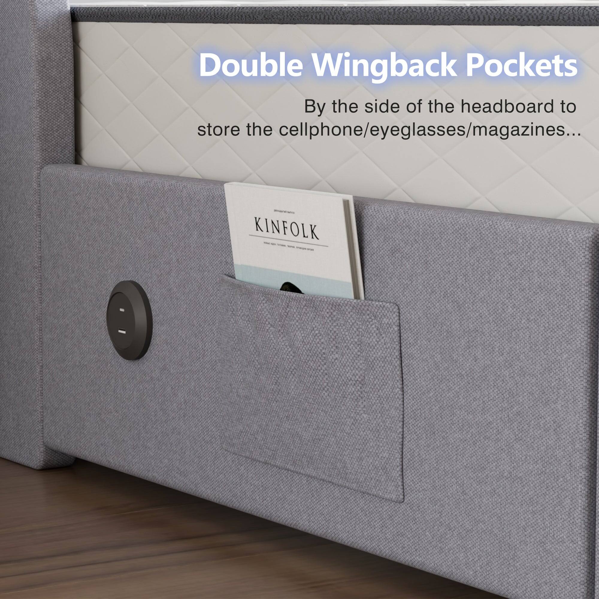 Double Wingback Pockets  
By the side of the headboard to store the cellphone/eyeglasses/magazines...  
- KINFOLK -