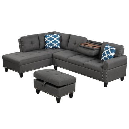 Front. Costway - Costway 98" L-Shaped Sofa with Movable Storage Ottoman Linen Fabric Backs Seats Cup Holders - Dark Gray.