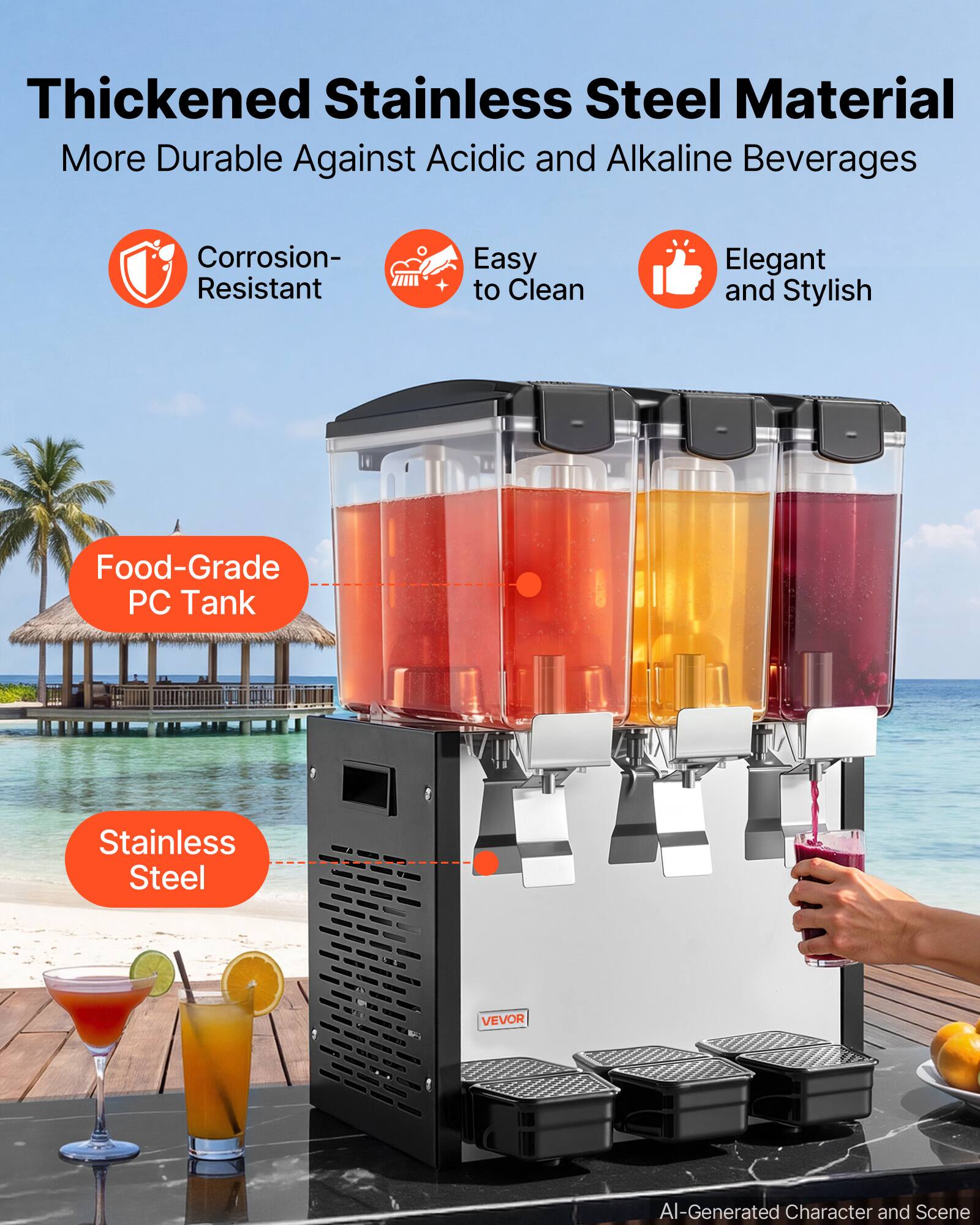 Thickened Stainless Steel Material  
More Durable Against Acidic and Alkaline Beverages  
Corrosion-Resistant  
Easy to Clean  
Elegant and Stylish  
Food-Grade PC Tank  
Stainless Steel  
VEVOR  
AI-Generated Character and Scene