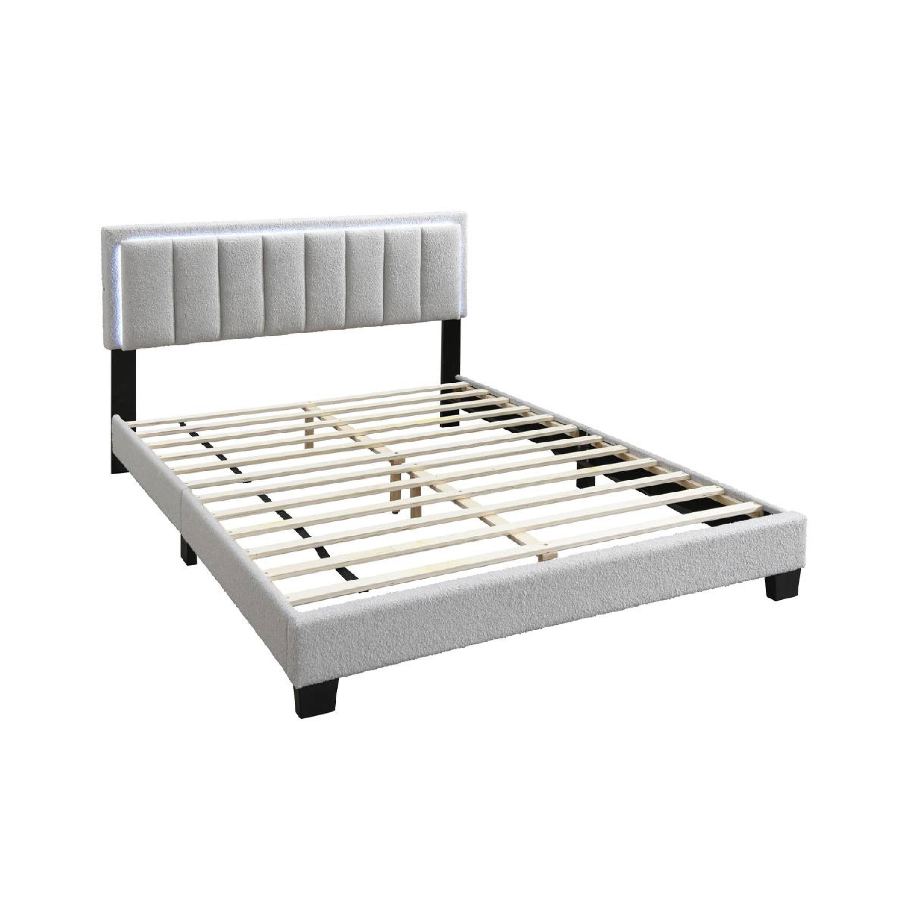 Alt View 3. Manhattan Lane - Zemo Queen Size Bed, LED Headboard, Tufted Light Gray Wool Upholstery - Light Gray, Black.