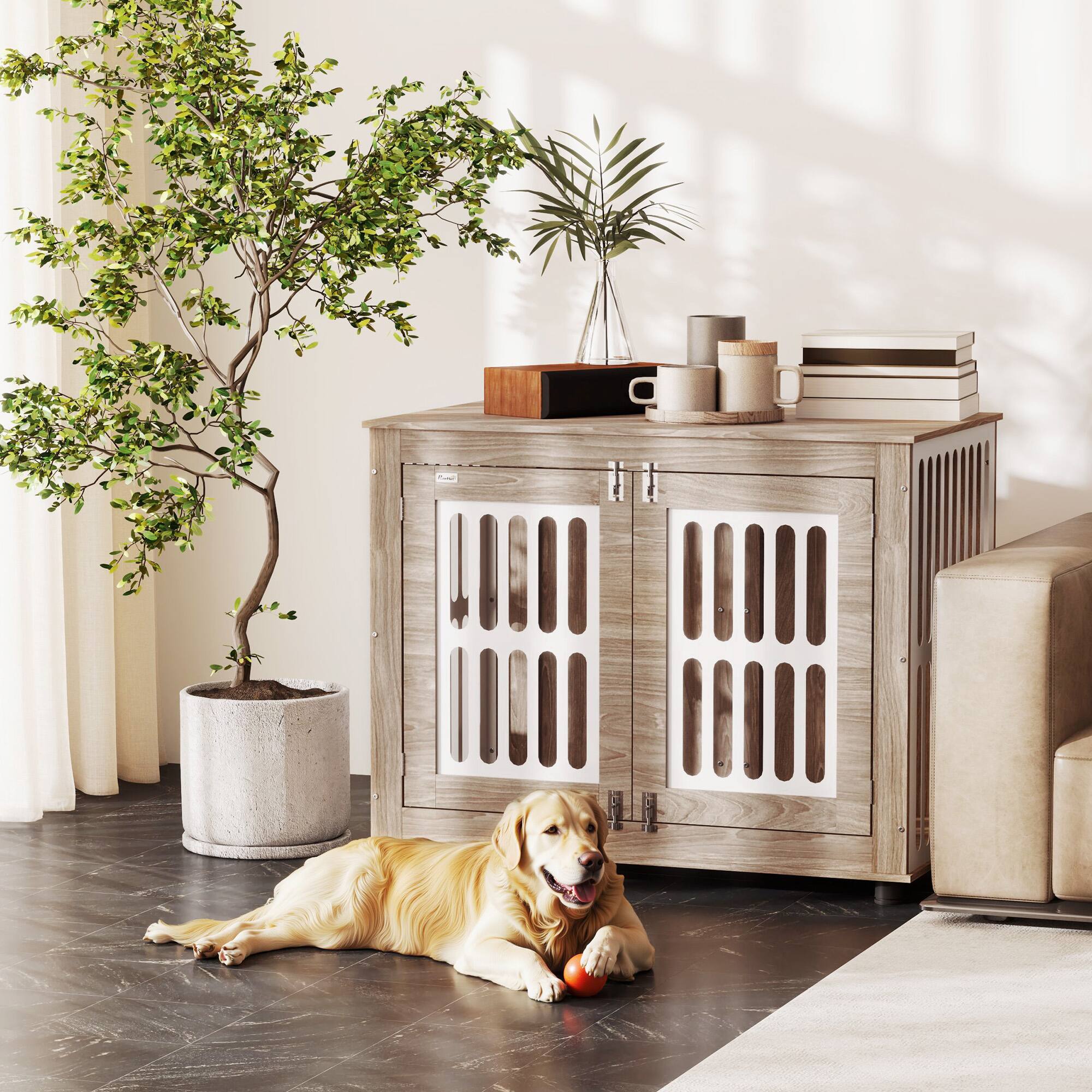 Angle. Pawhut - Dog Crate Furniture, 39" Dog Kennel Side Table, 2 Doors, Non-slip Foot Mats, Decorative, Large Dogs.