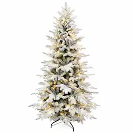 RYHNUYNE - 6FT Pre-Lit Flocked Christmas Tree With 300 Two-Color LED Lights and 1582 Tips, 9 Modes and Metal Stand - Green,White